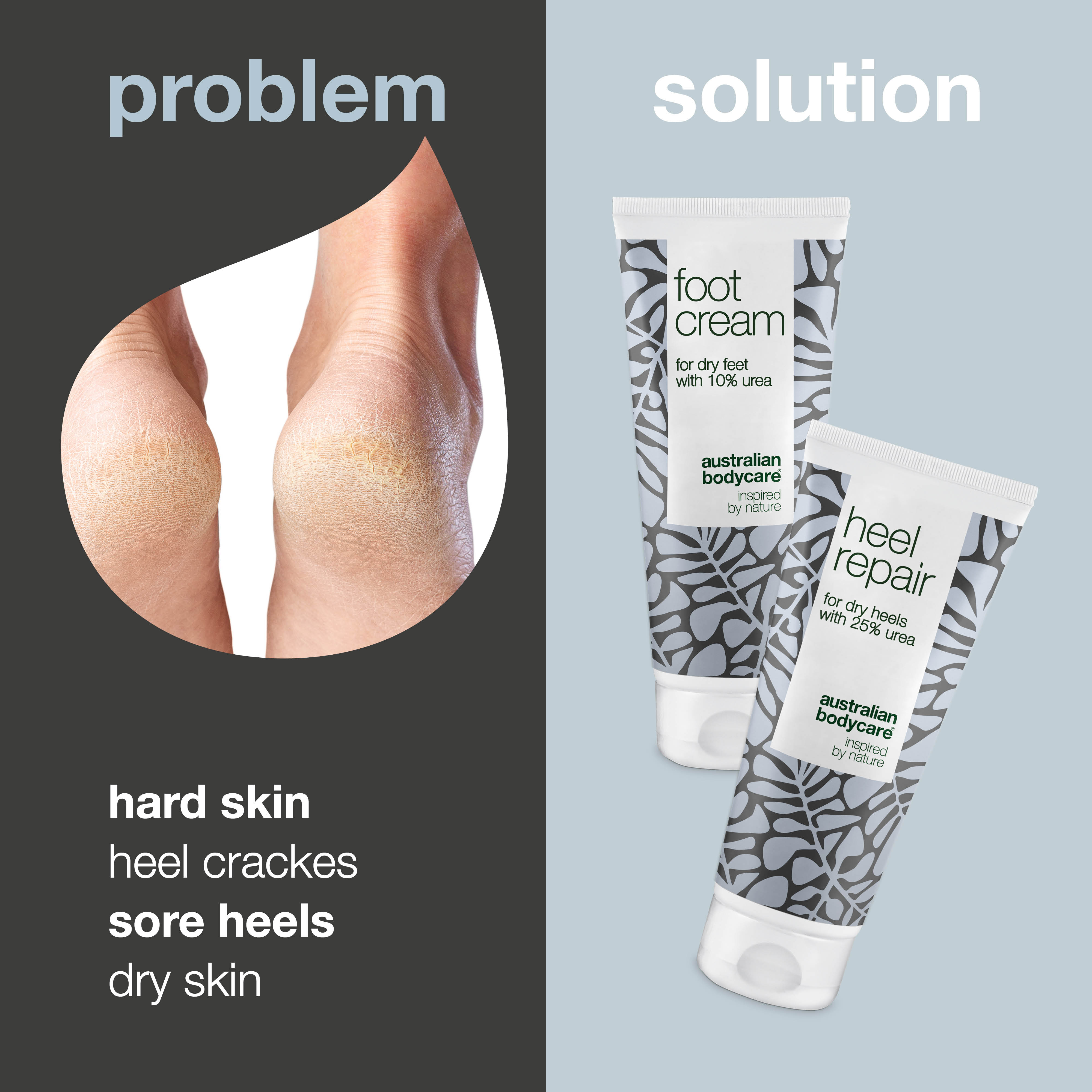 2 products for hard skin on feet and heels — Foot cream and heel cream with urea and Tea Tree Oil for hard skin on feet and heel cracks