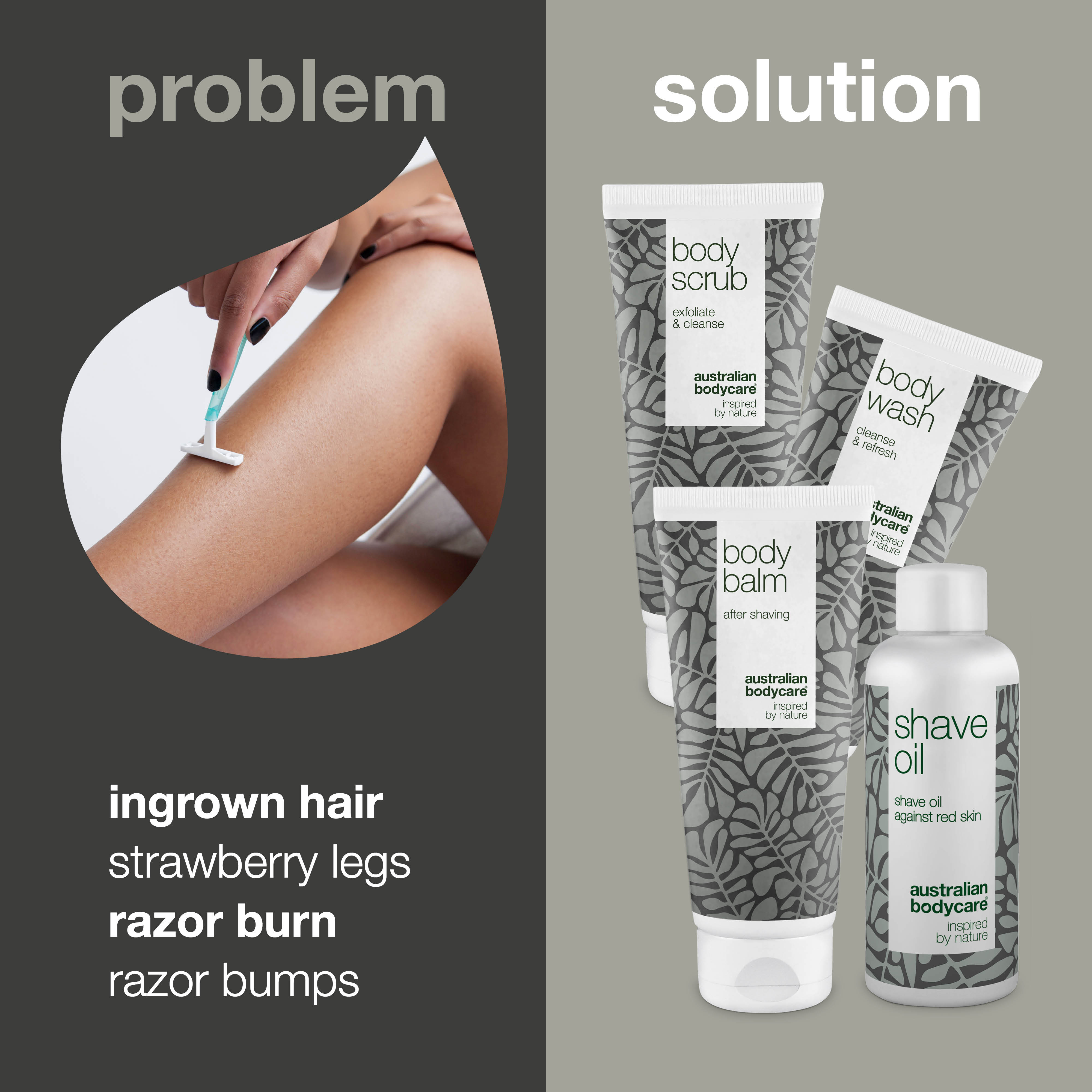Body shaving set against red razor bumps — Eliminate ingrown hair, strawberry legs and razor burn
