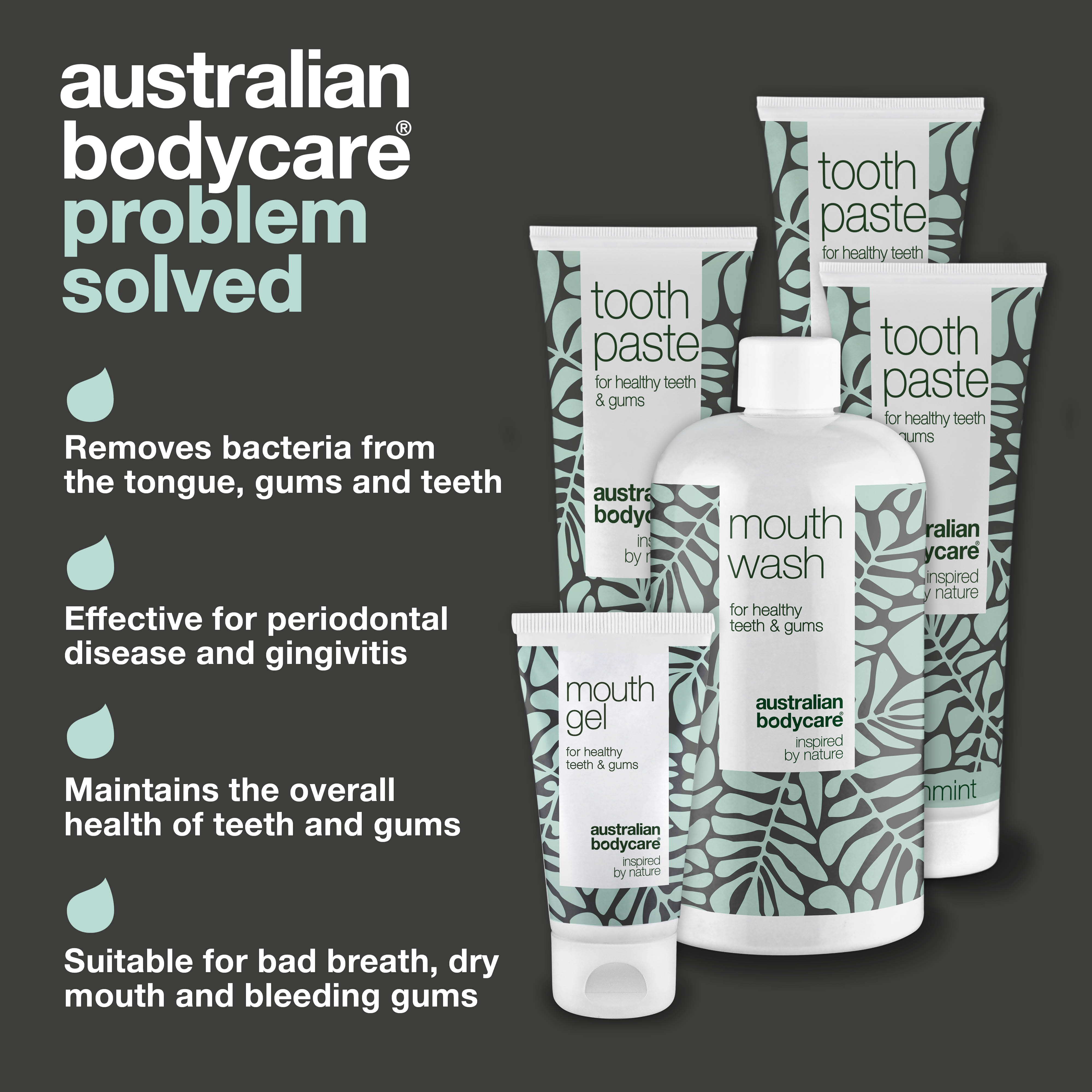 5–pack against white tongue — Tea Tree Oil oral products for the daily care of coated tongue, gums and teeth
