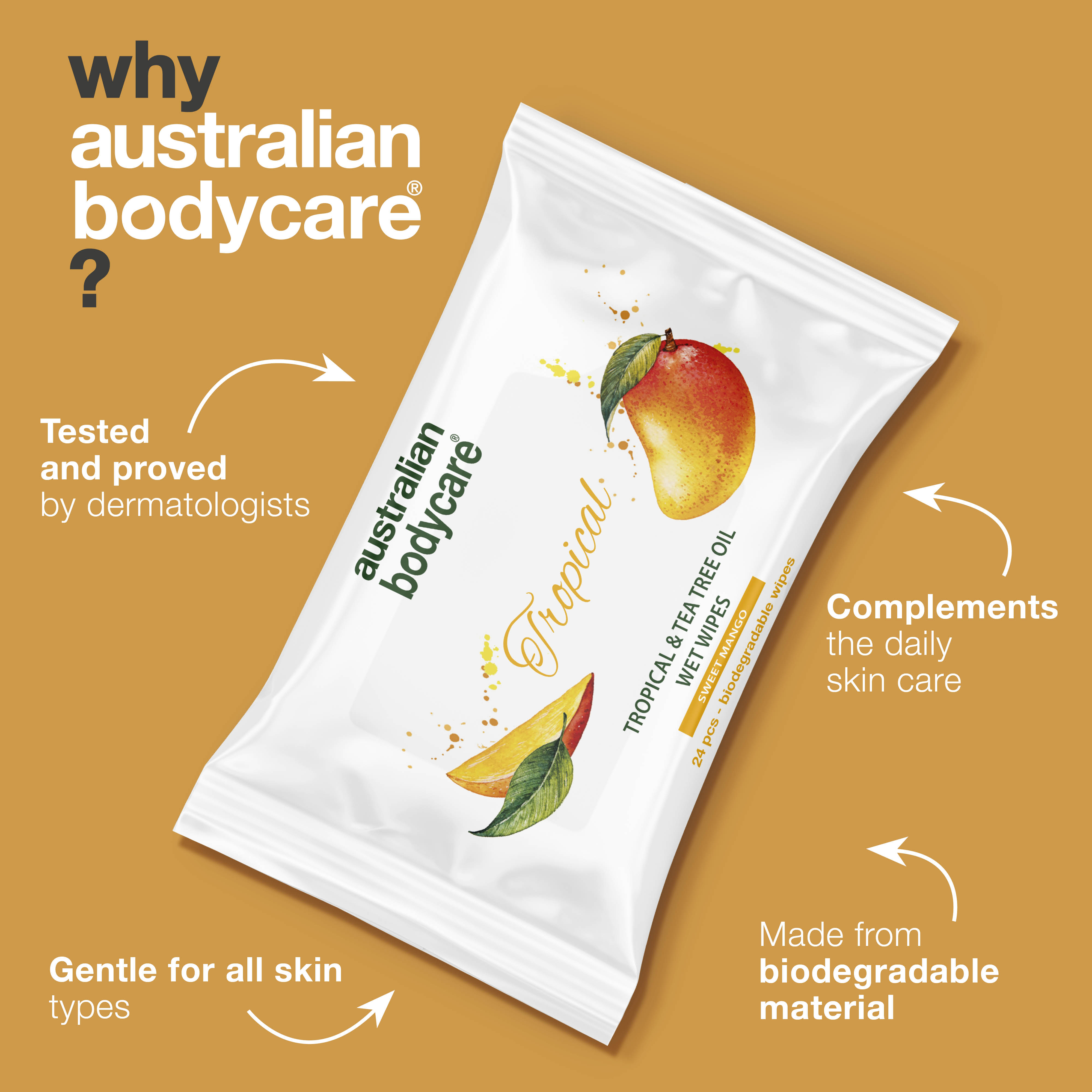 Adult wet wipes with Mango & Tea Tree Oil — For daily rinse of face and body