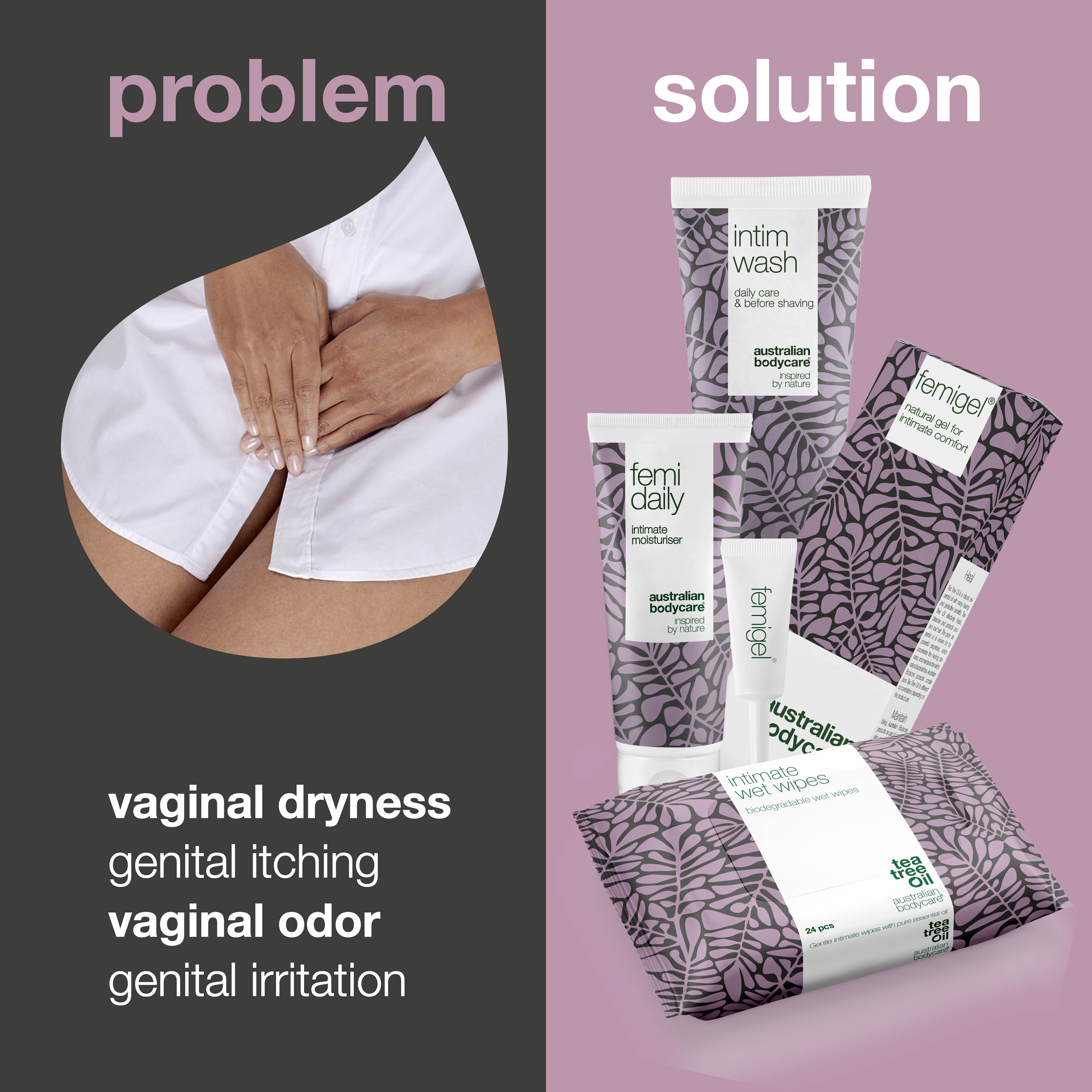 4 products for intimate care and hygiene — Reduces and prevents itch, redness, dryness and unwanted odour