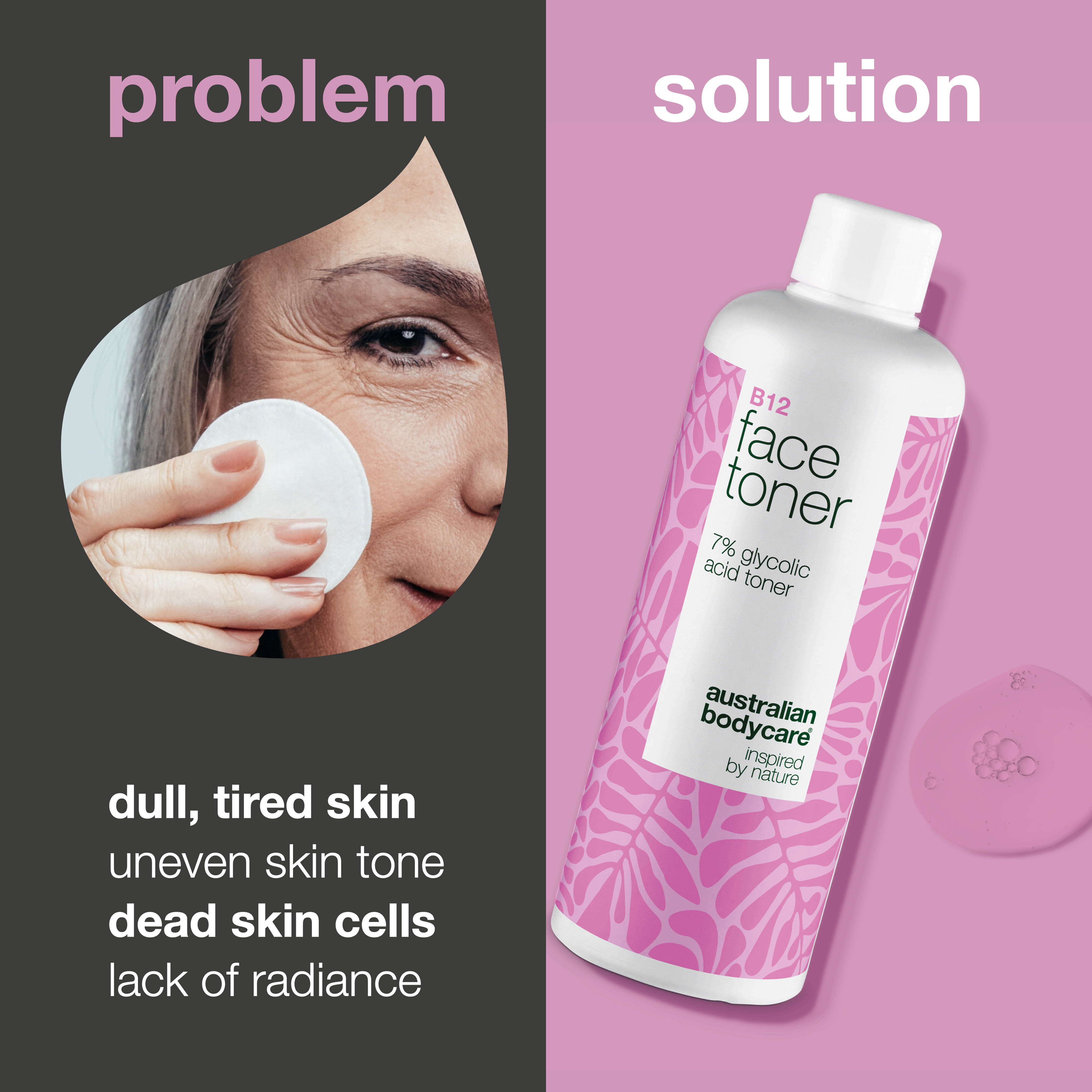 Face Toner with B12 and 7% Glycolic Acid for Smooth Skin — Exfoliating toner with B12 and 7% Glycolic Acid removes dead skin cells, boosts glow, and promotes an even complexion