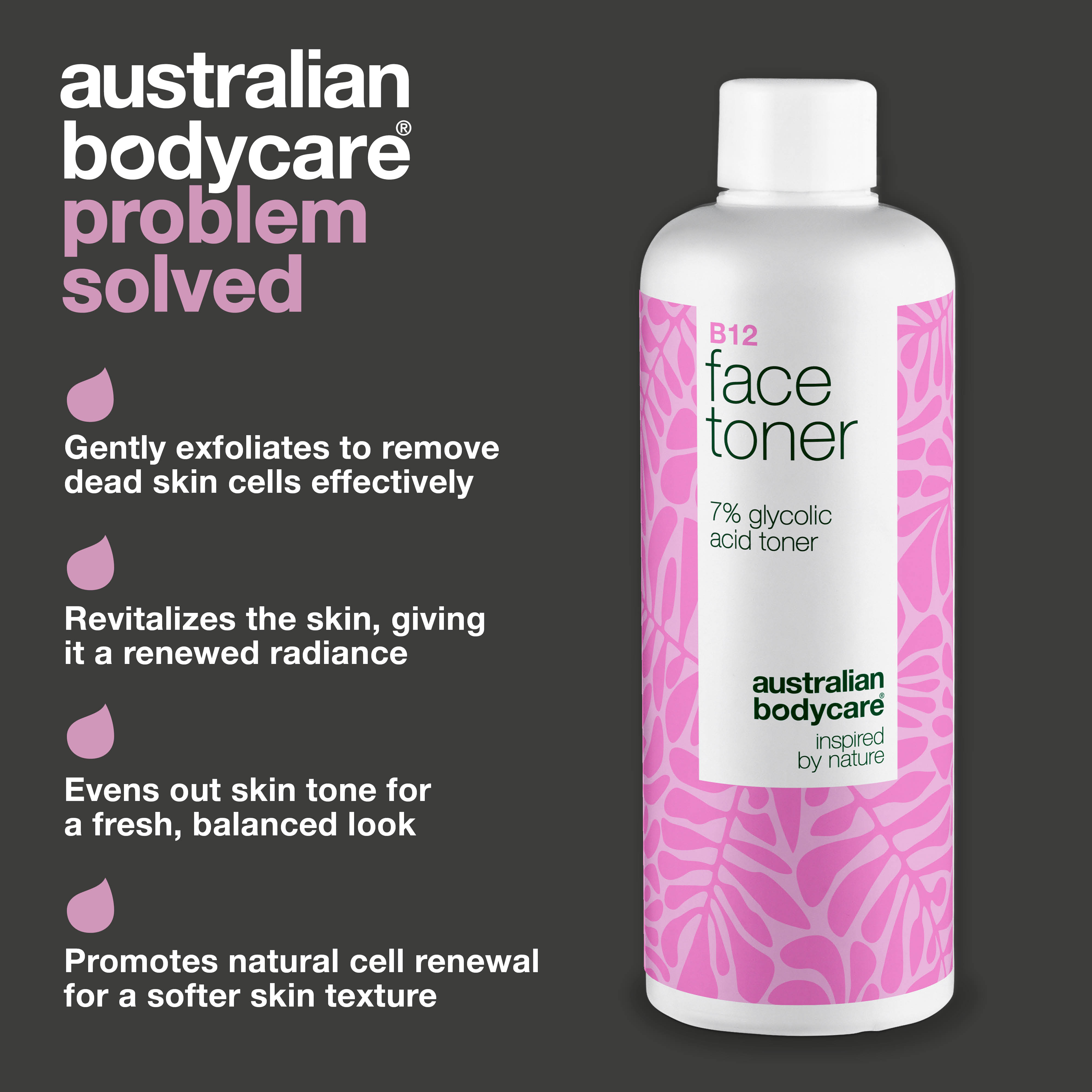 Face Toner with B12 and 7% Glycolic Acid for Smooth Skin — Exfoliating toner with B12 and 7% Glycolic Acid removes dead skin cells, boosts glow, and promotes an even complexion