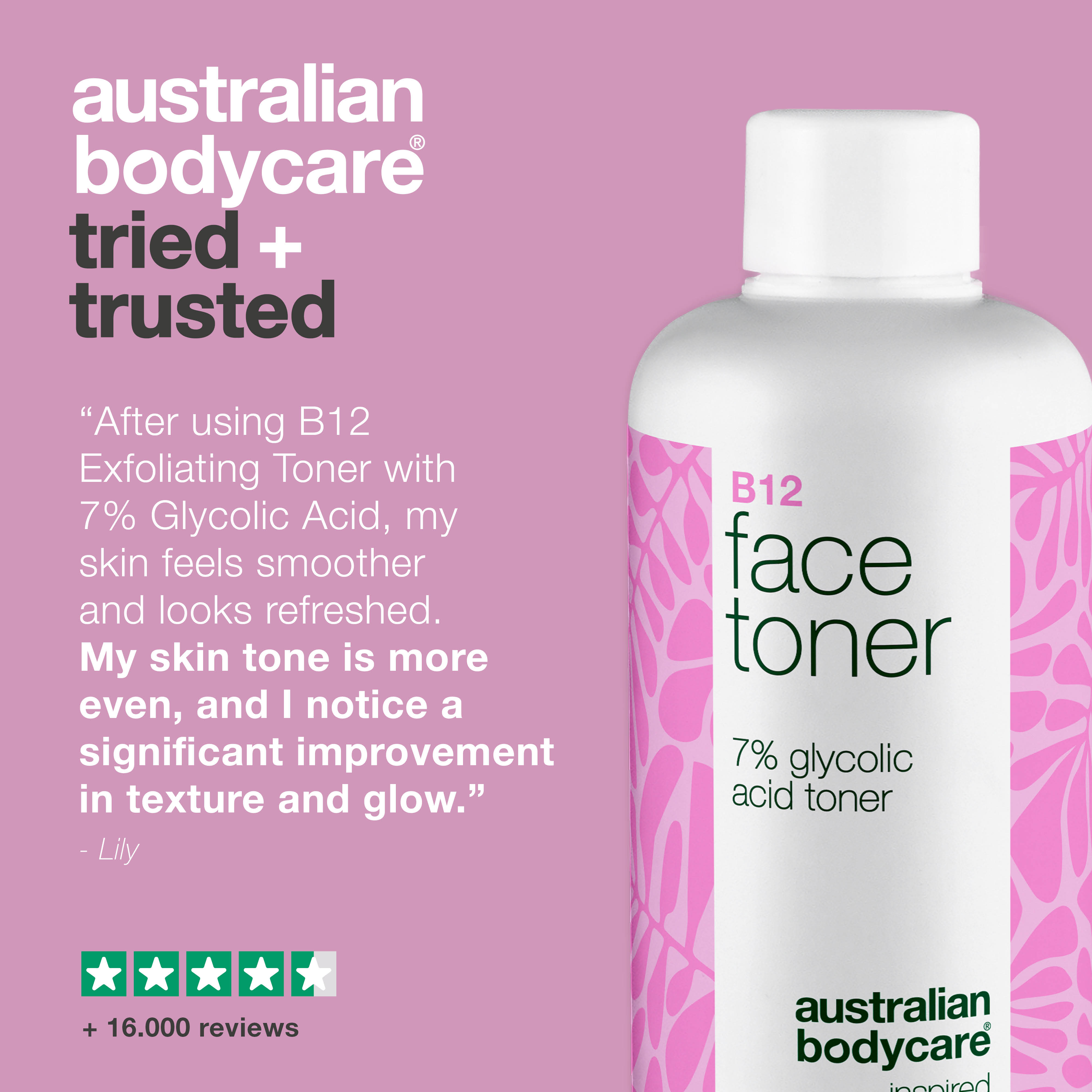 Face Toner with B12 and 7% Glycolic Acid for Smooth Skin — Exfoliating toner with B12 and 7% Glycolic Acid removes dead skin cells, boosts glow, and promotes an even complexion