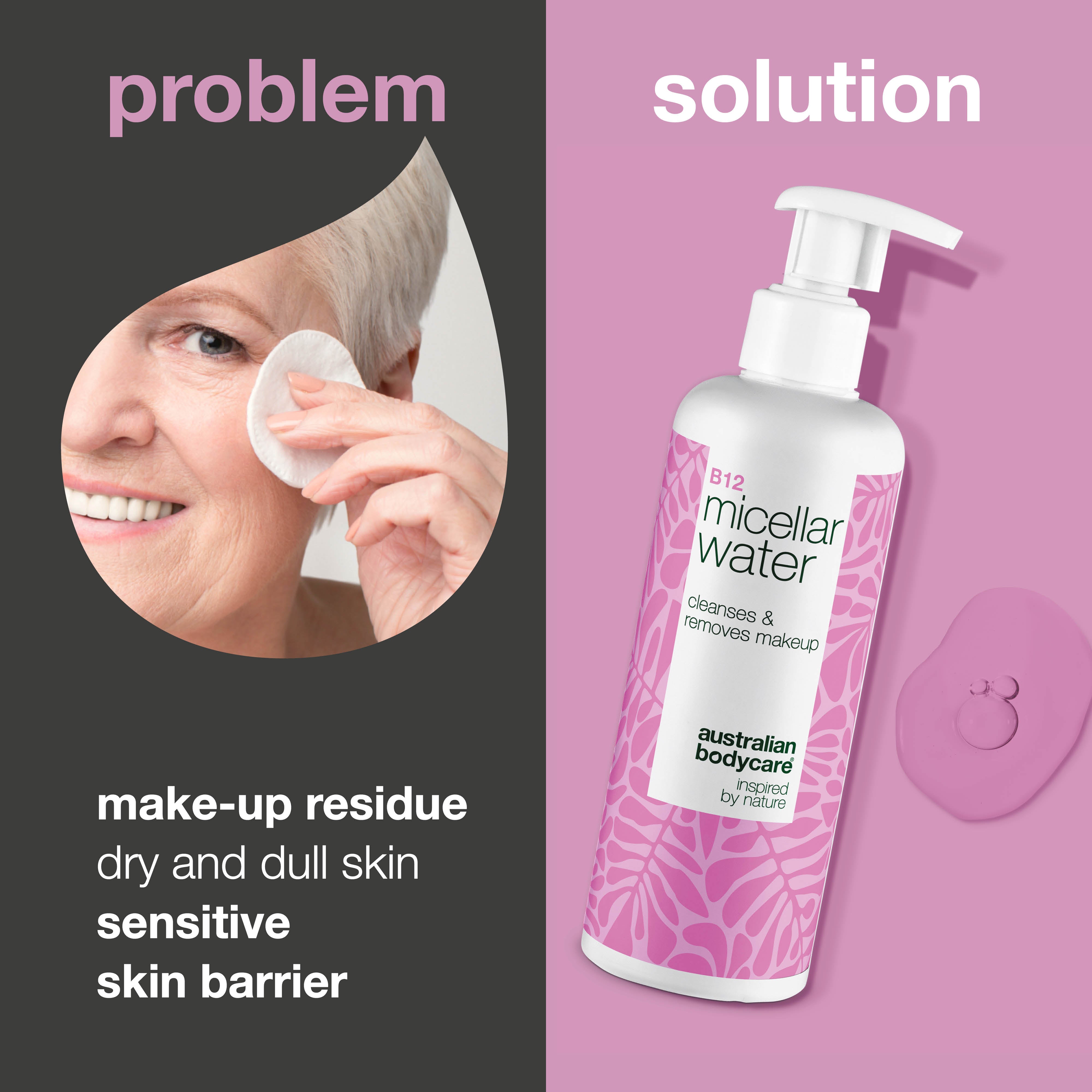 Micellar Water – Removes makeup and soothes red skin — Micellar Water removes makeup, reduces redness and hydrates. Ideal for reactive skin. With B12, Niacinamide and Glycerin.