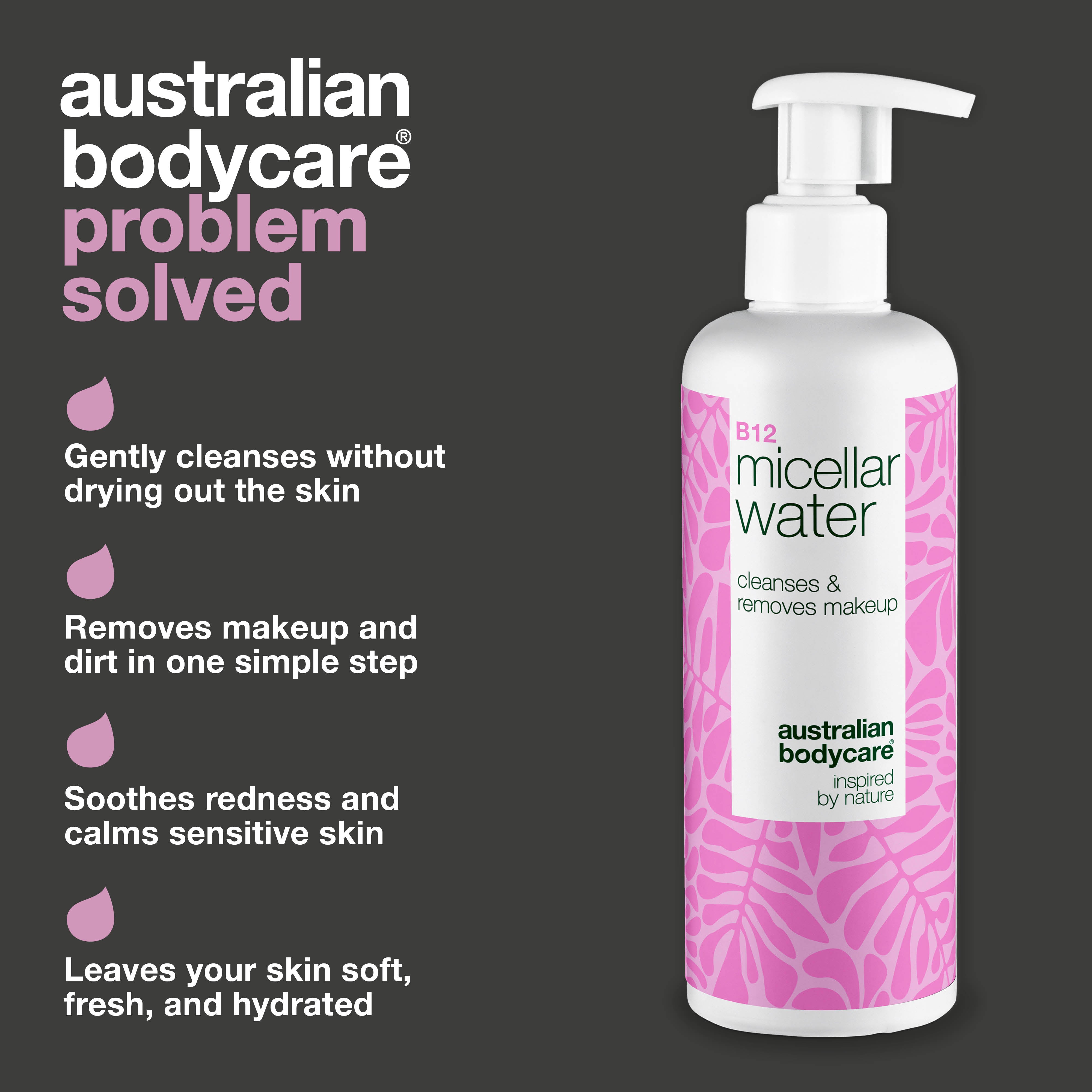 Micellar Water – Removes makeup and soothes red skin — Micellar Water removes makeup, reduces redness and hydrates. Ideal for reactive skin. With B12, Niacinamide and Glycerin.