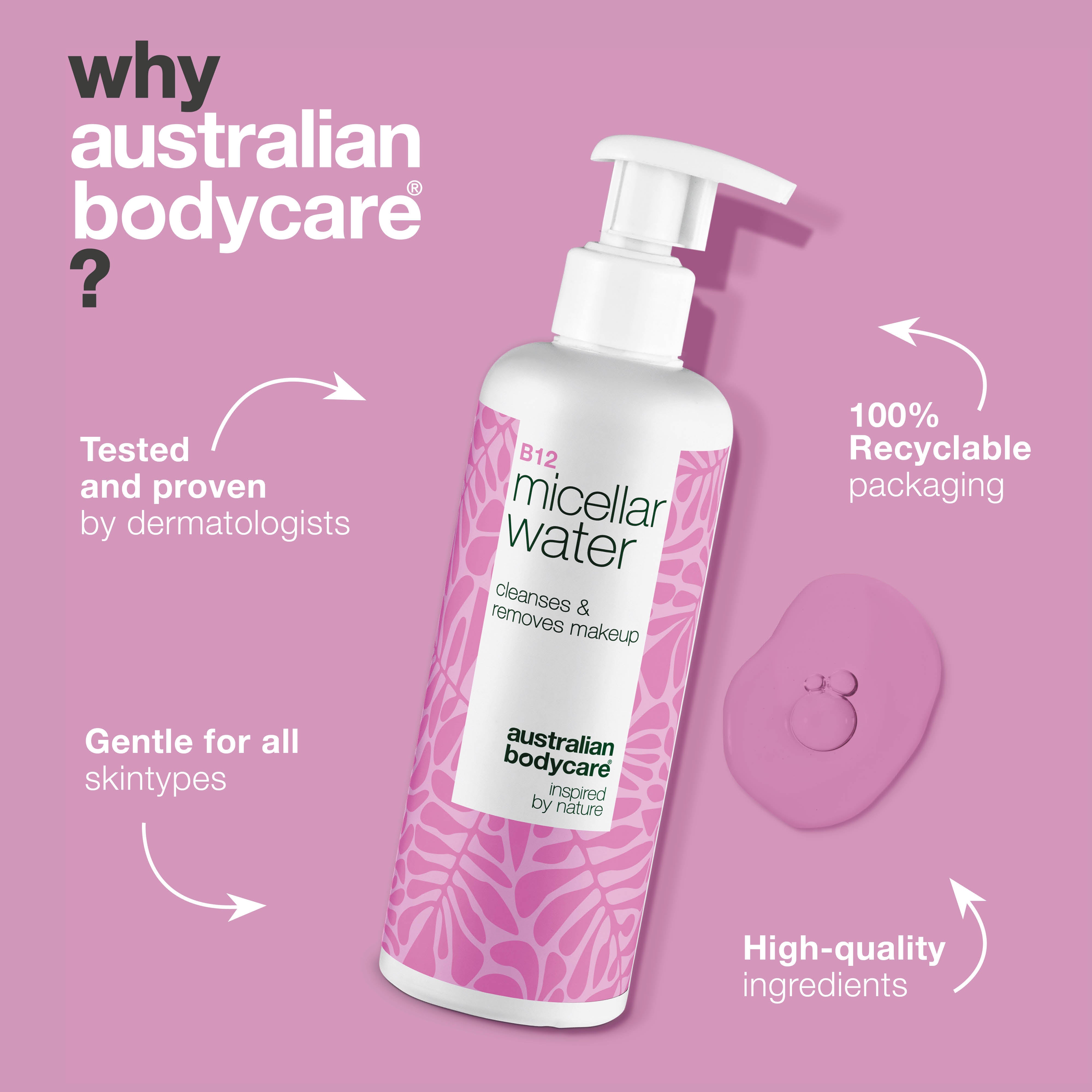 Micellar Water – Removes makeup and soothes red skin — Micellar Water removes makeup, reduces redness and hydrates. Ideal for reactive skin. With B12, Niacinamide and Glycerin.