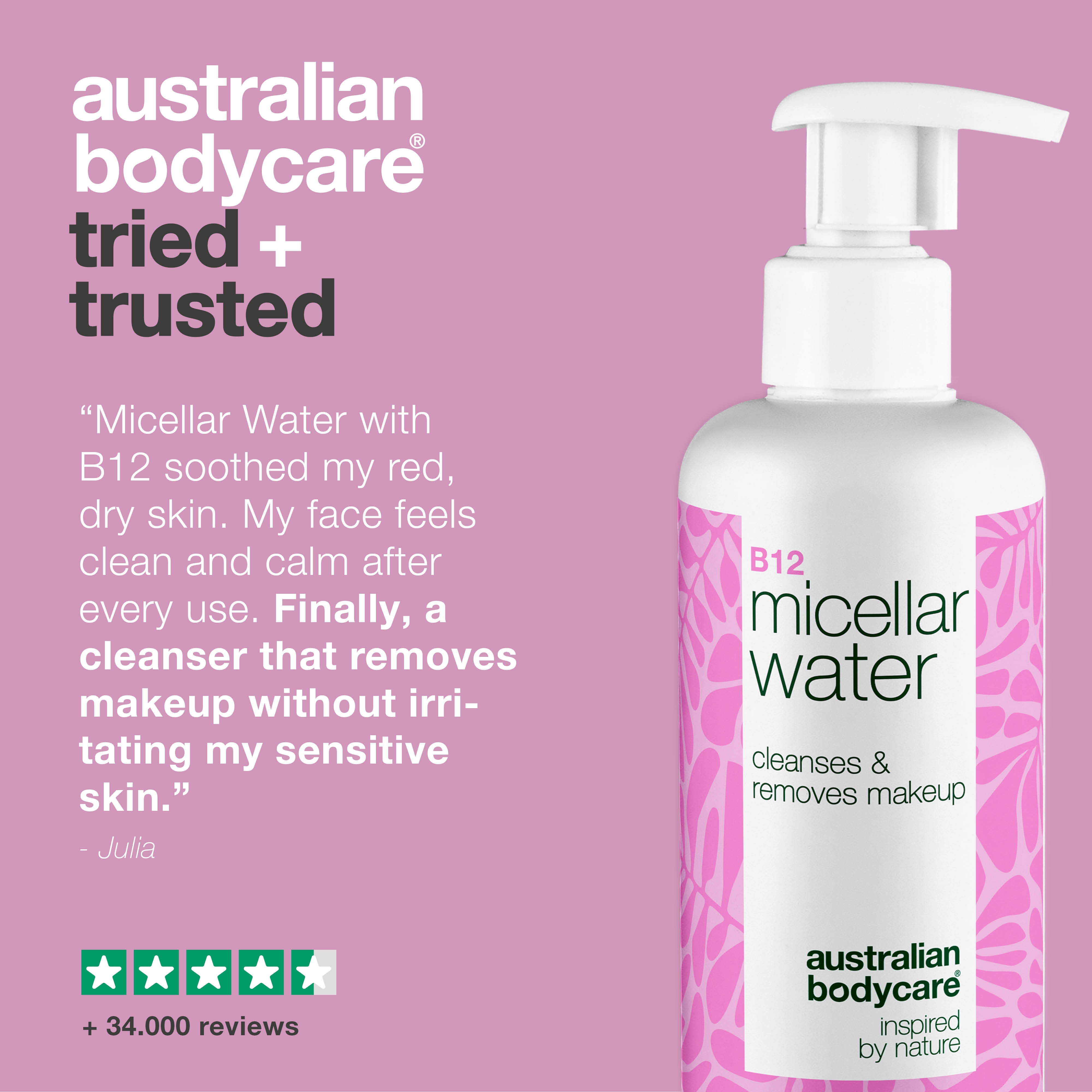 Micellar Water – Removes makeup and soothes red skin — Micellar Water removes makeup, reduces redness and hydrates. Ideal for reactive skin. With B12, Niacinamide and Glycerin.