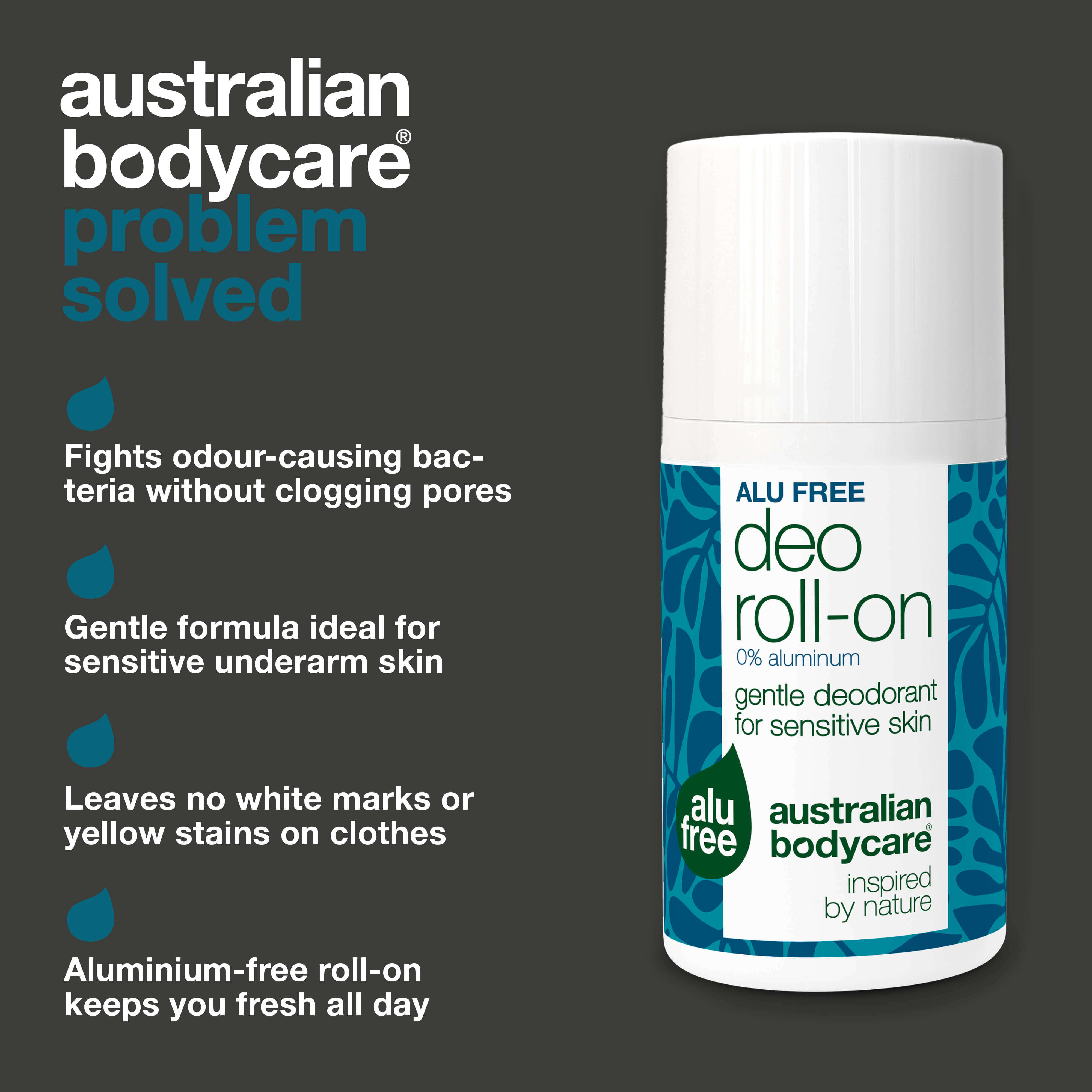 Aluminum free deodorant for daily protection from sweat, odor, and irritation. With 4-terpineol, lactic acid, caprylyl glycol, and natural active ingredients.