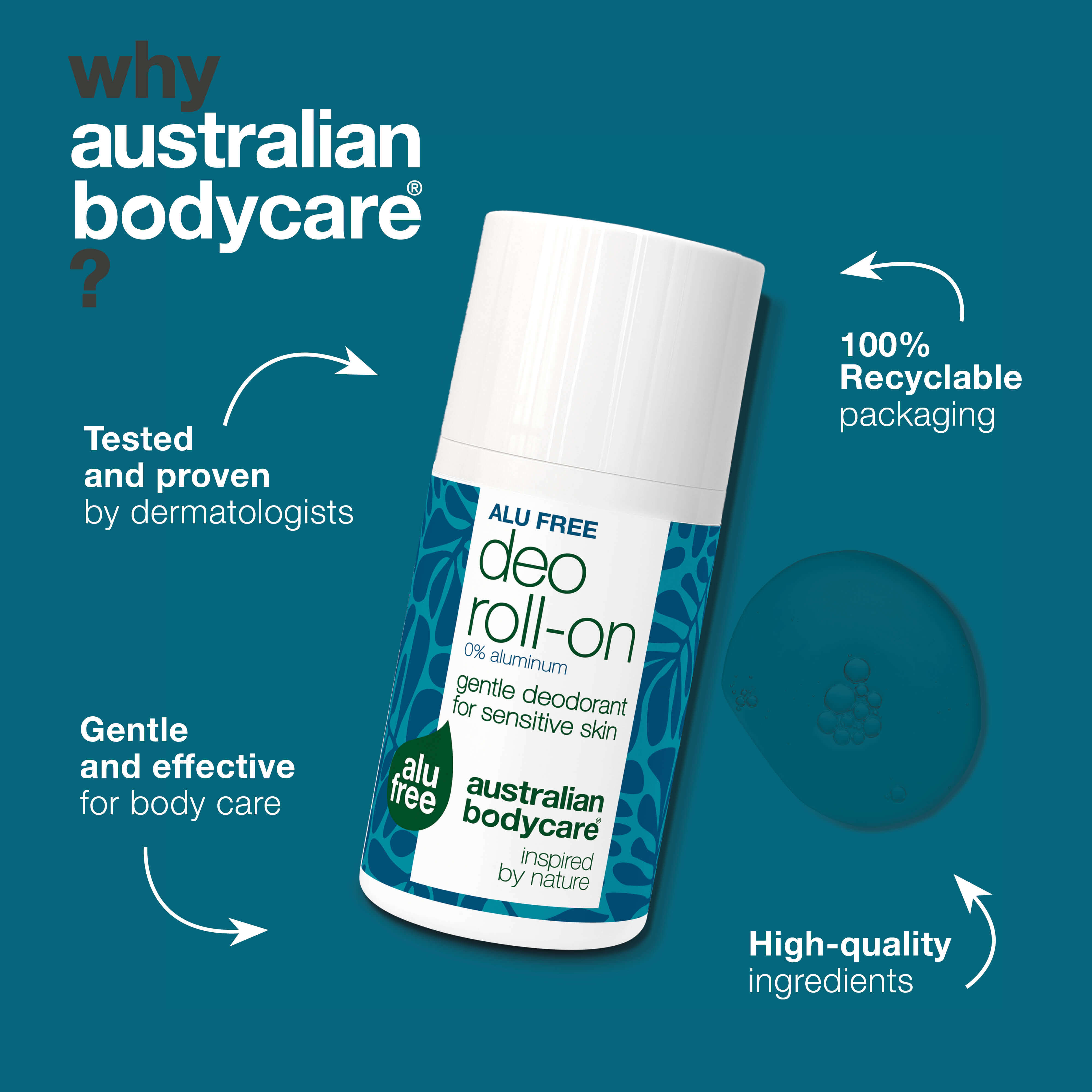 Aluminum free deodorant for daily protection from sweat, odor, and irritation. With 4-terpineol, lactic acid, caprylyl glycol, and natural active ingredients.