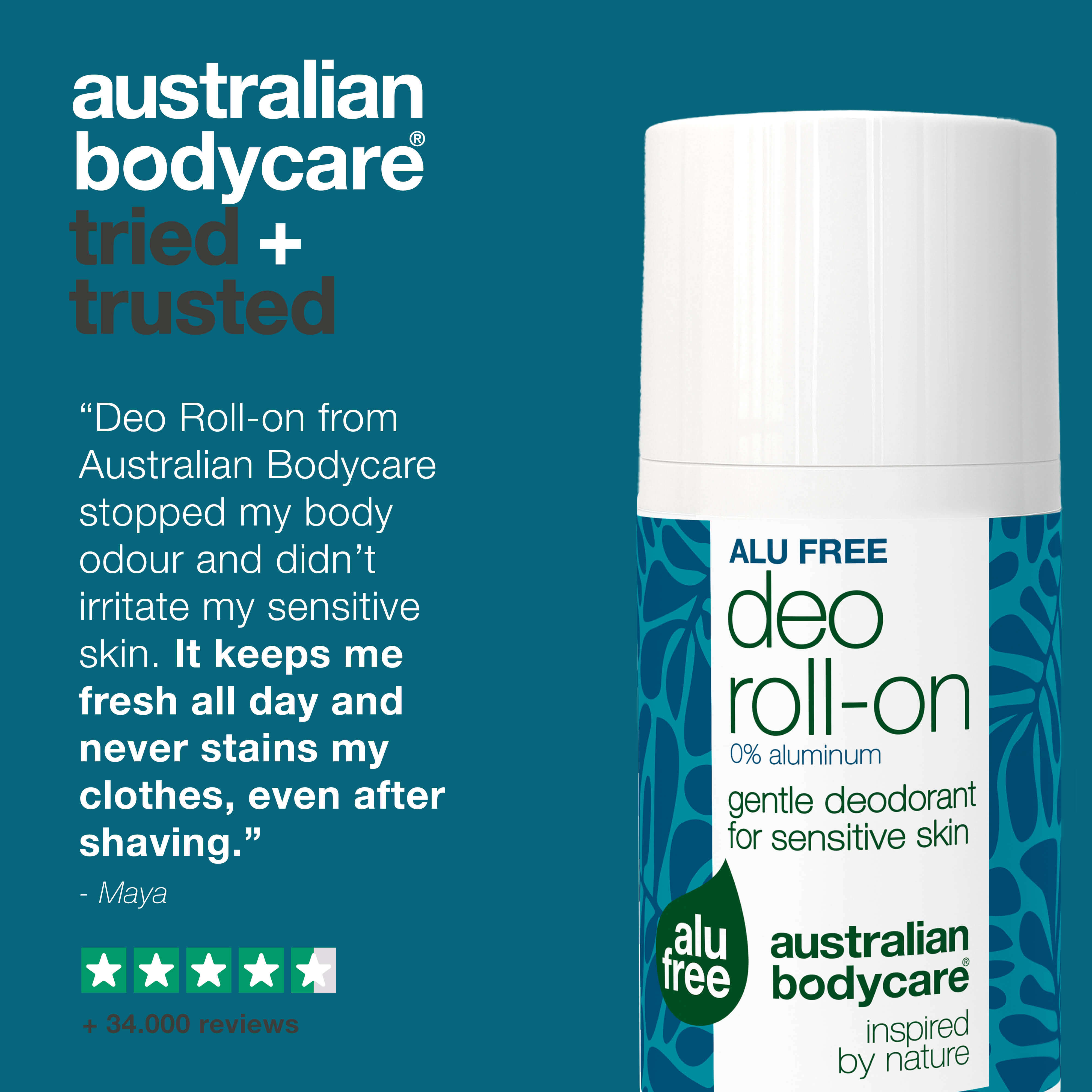 Aluminum free deodorant for daily protection from sweat, odor, and irritation. With 4-terpineol, lactic acid, caprylyl glycol, and natural active ingredients.