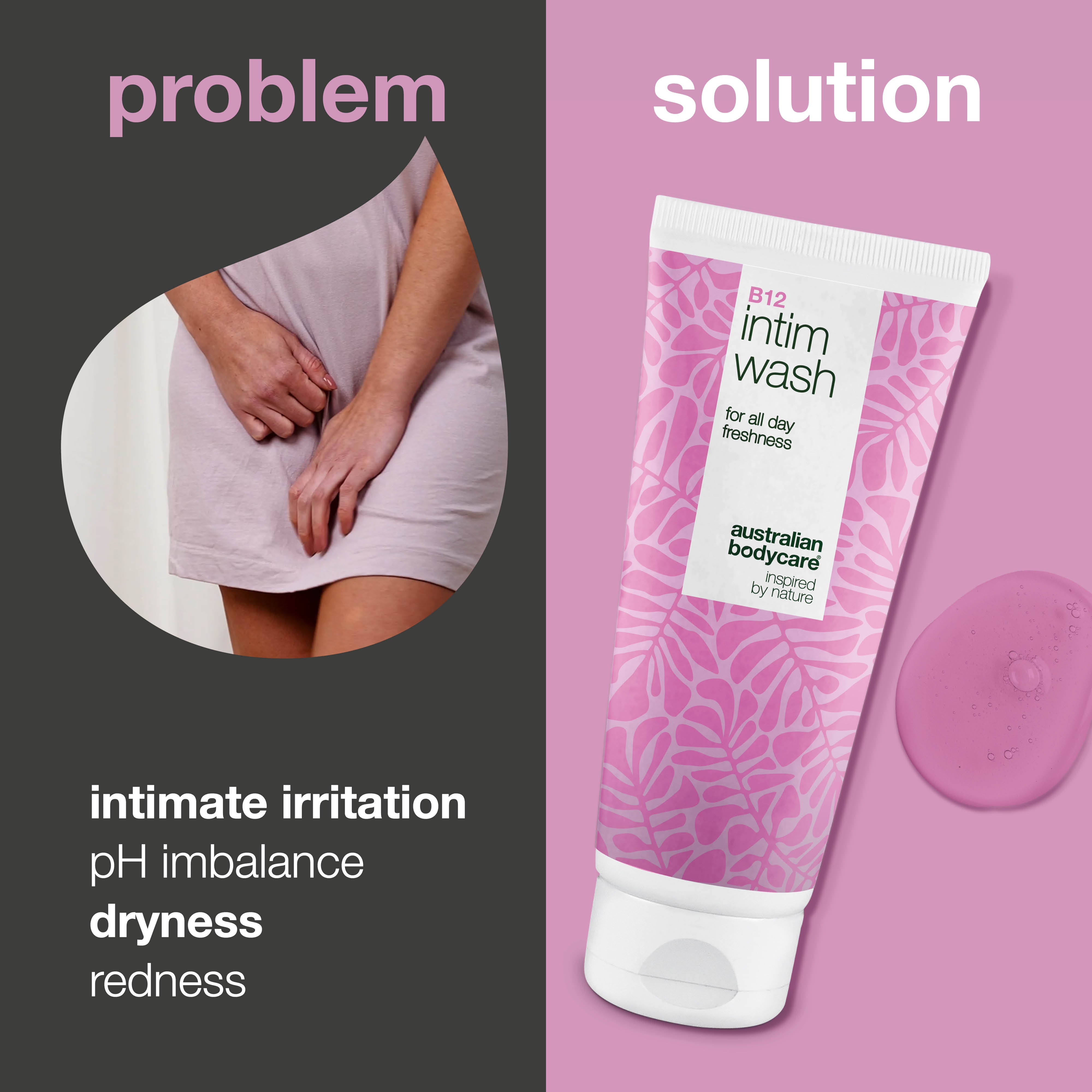 Intimate Wash for dryness, irritation and hormonal imbalance. With Vitamin B12, glycerin and plant-based cleansers. pH-balanced care for women 40+.