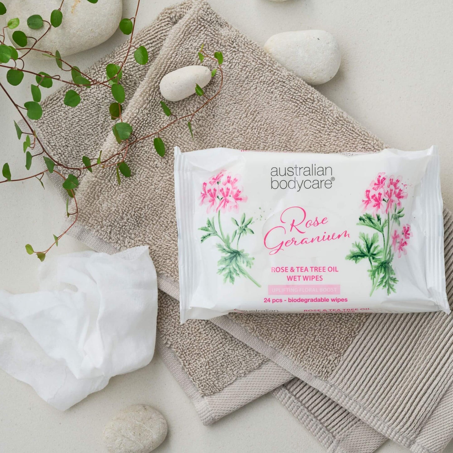 Wet wipes with Rose geranium & Tea Tree Oil for adults- Cleanses bacteria, makeup and dirt