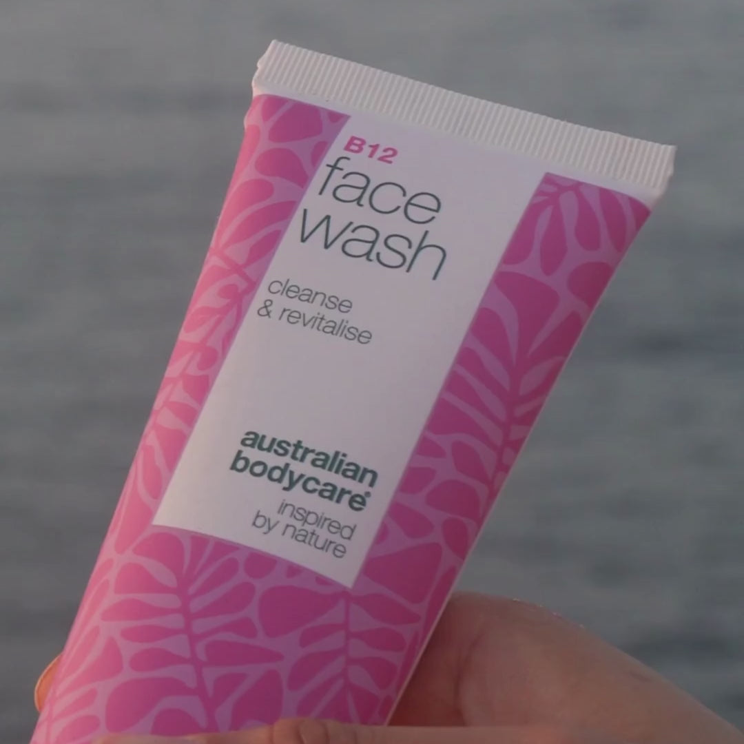 Video of a model using our Vitamin B12 face wash, gently massaging it into her damp skin to create a light lather and cleanse her face.