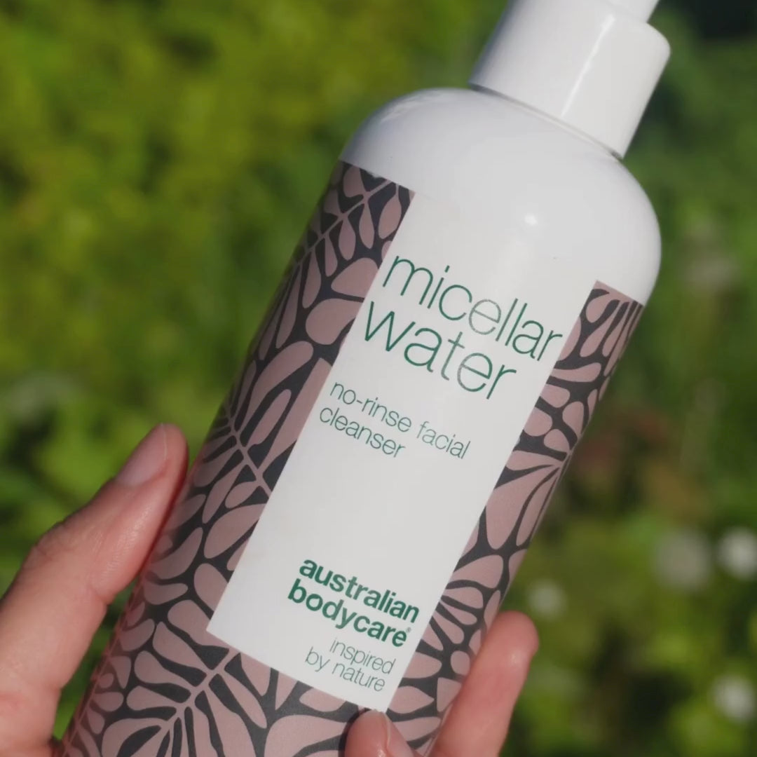 Video of a model using our micellar water with a cotton pad to gently cleanse her face and remove makeup, showing how effective and refreshing it is.