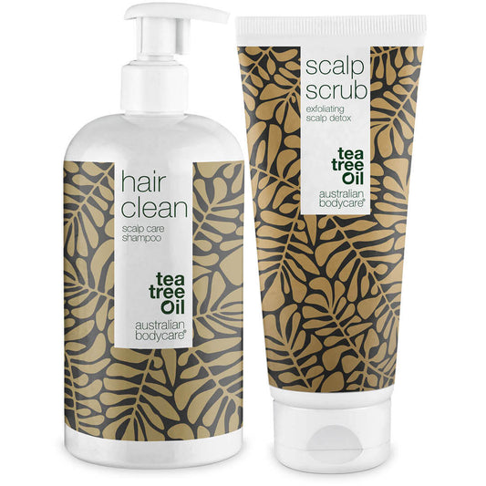 2 tuotetta rasvaisille hiuksille - Tea Tree Shampoo ja päänahan kuorinta rasvaiselle päänahalle ja rasvaisille hiuksille
