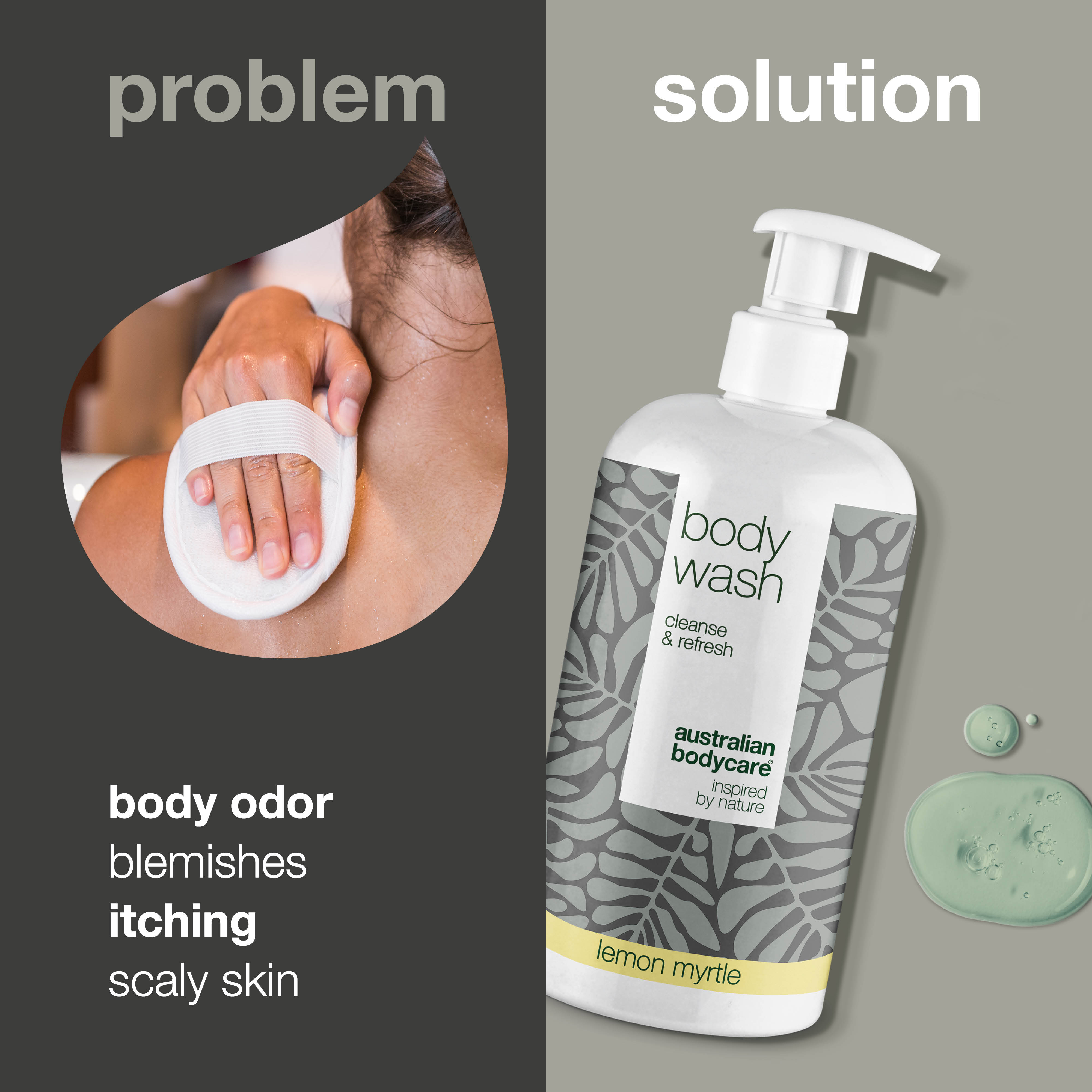 Problem and solution: body odor, blemishes, itching and scaly skin. On the left a close-up of an arm being washed with a wash mitt, on the right the bottle of Body Wash Lemon Myrtle from Australian Bodycare.
