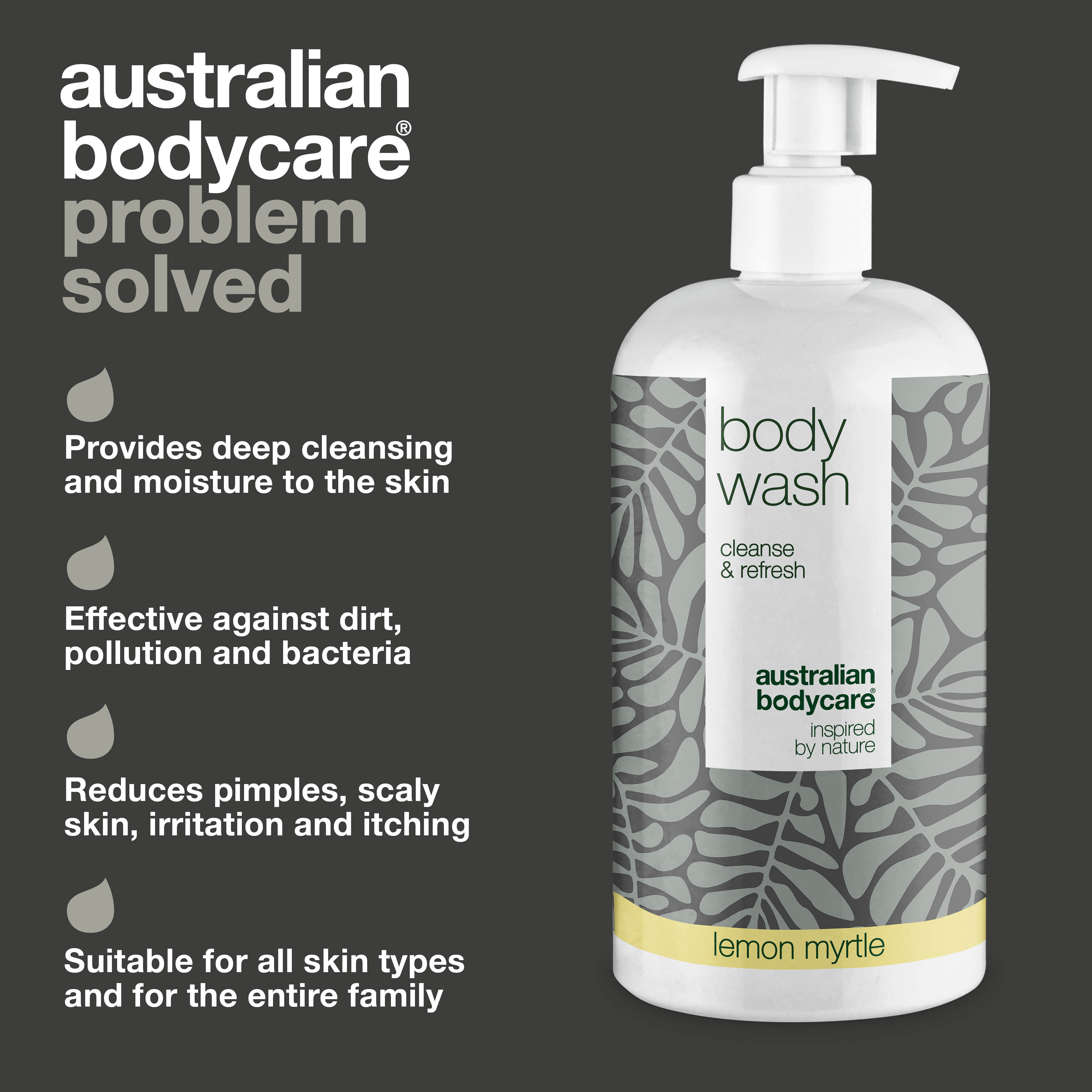 Body Wash Lemon Myrtle from Australian Bodycare provides deep cleansing and moisture to the skin. Effective against dirt, pollution and bacteria, reduces pimples, scaly skin, irritation and itching, and suitable for all skin types and for the entire family.