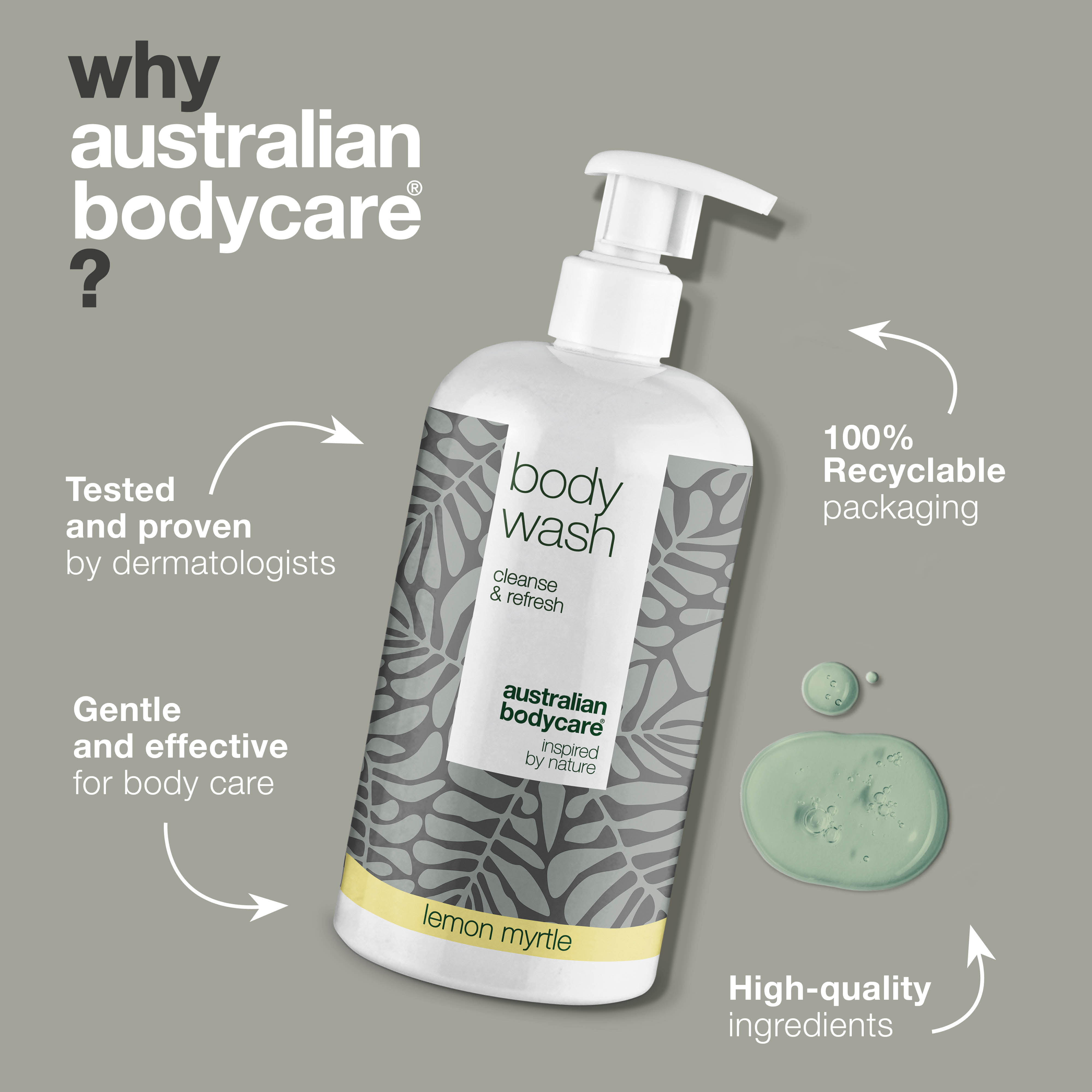 Body Wash Lemon Myrtle from Australian Bodycare is tested and proven by dermatologists, gentle and effective for body care, with high-quality ingredients and 100 % recyclable packaging.