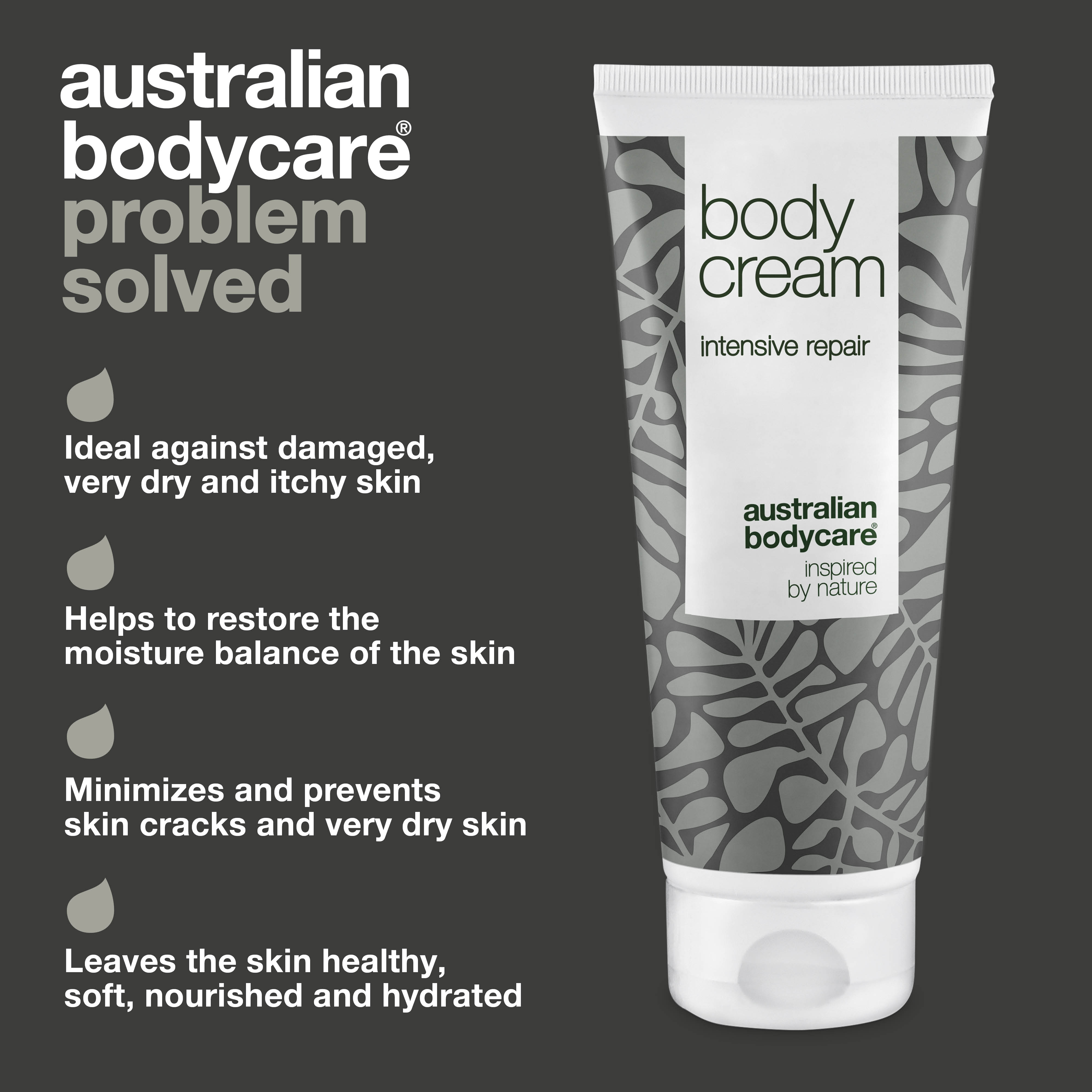 The back of the Australian Bodycare Body Cream tube, displaying product information, usage instructions, and the ingredients list. The text describes how the cream helps soothe very dry, itchy, and damaged skin with natural Tea Tree Oil.