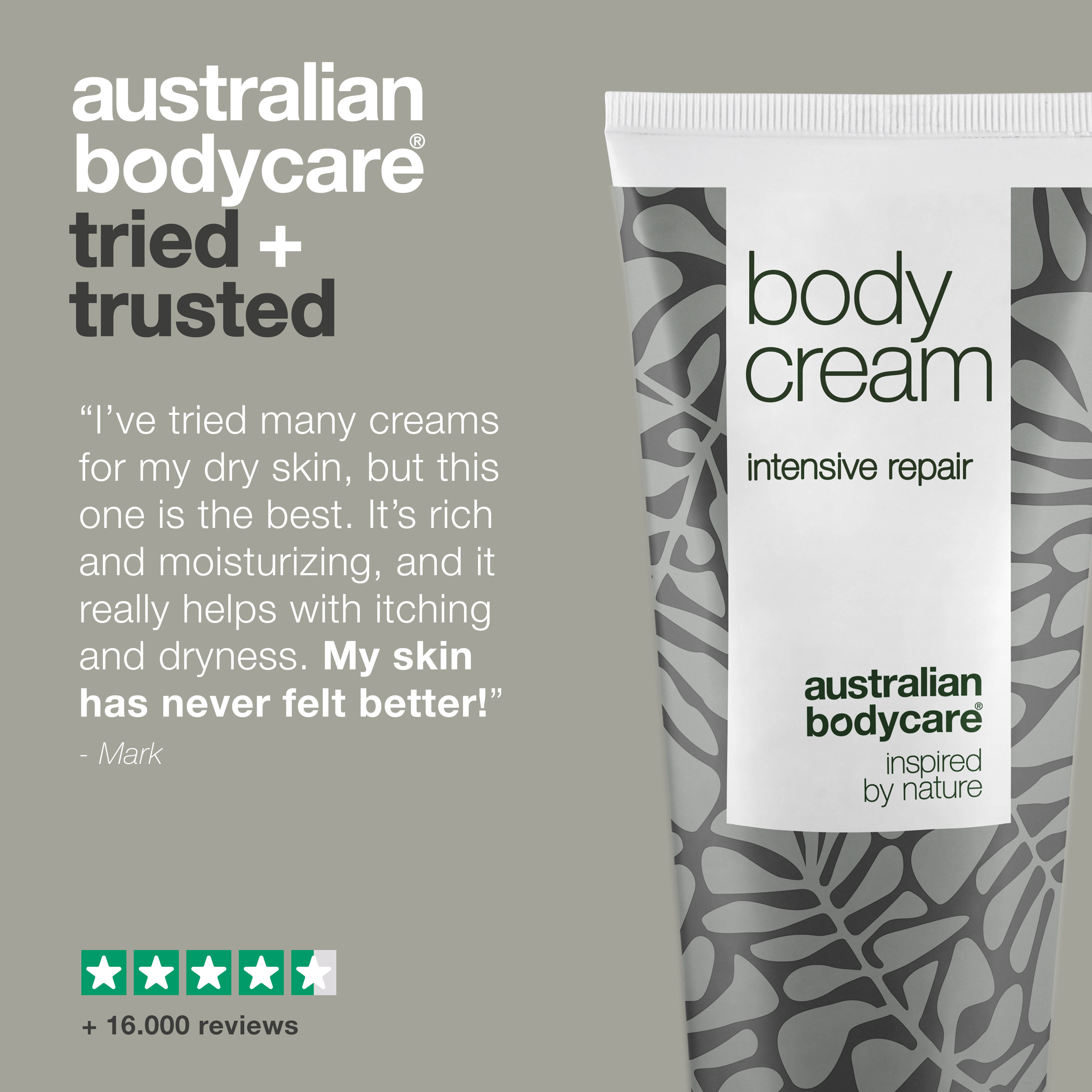 The Australian Bodycare Body Cream tube placed next to a hand, emphasizing its use for moisturizing dry and itchy skin. The text on the tube states "Body Cream for very dry skin and itching," "Tea Tree Oil," and "Intensive body moisturiser for damaged, very dry, and itchy skin."