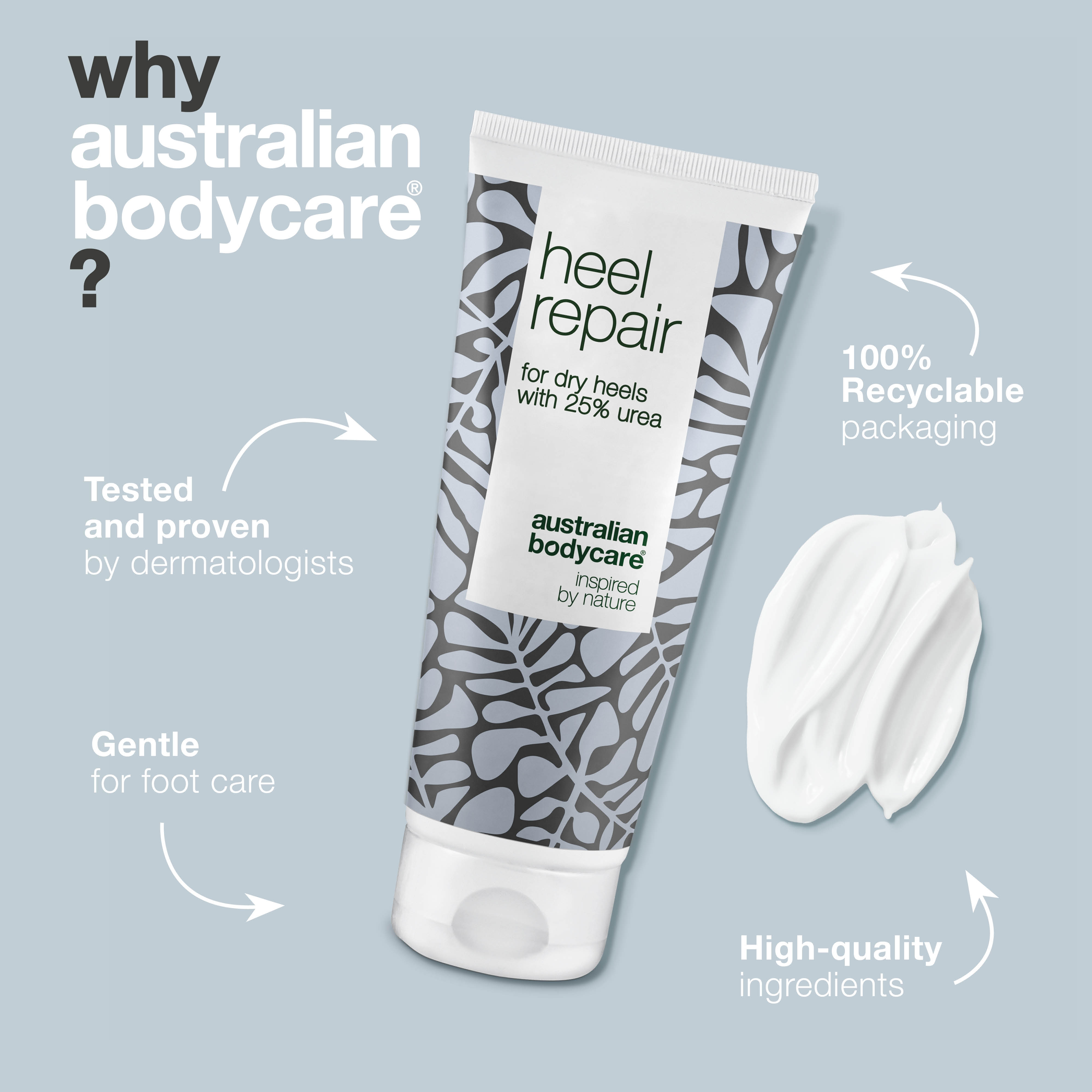 Heel Cream for Dry and Cracked Heels — Tackle cracked heels and dry feet with our heel repair. Contains 25% urea and natural 4-Terpineol, known from Tea Tree Oil.