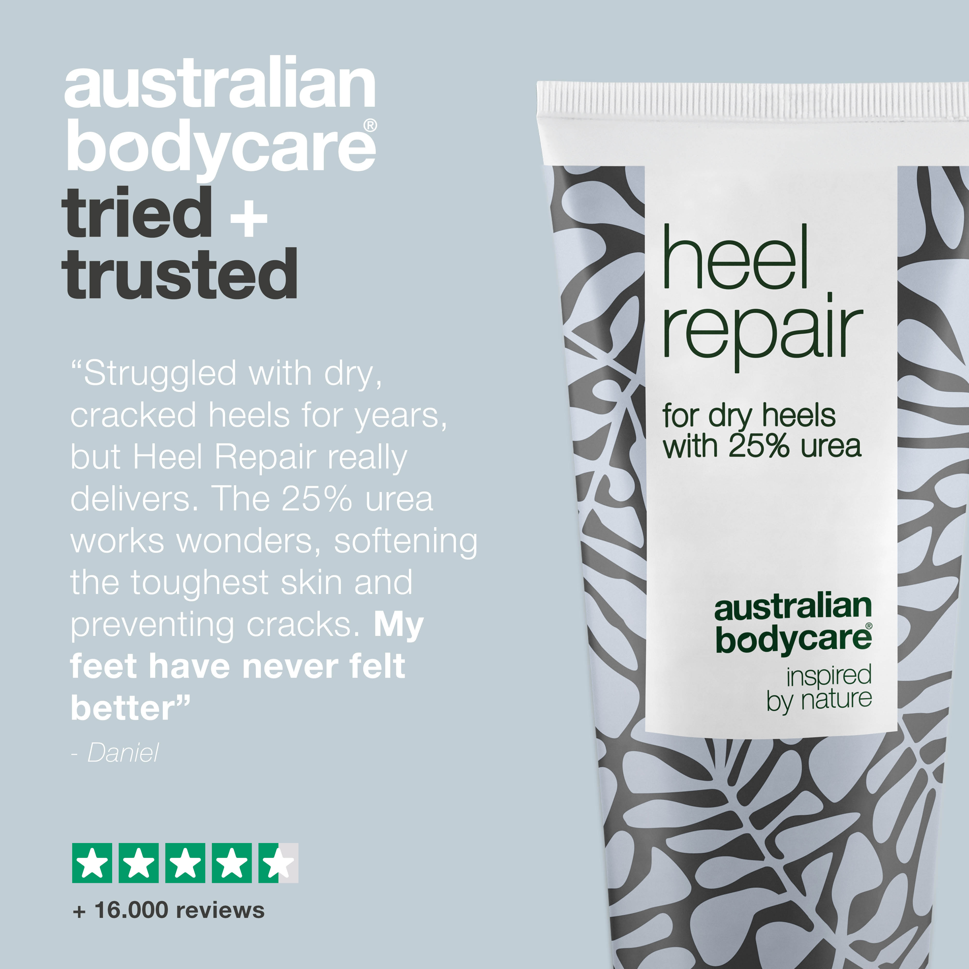 Heel Cream for Dry and Cracked Heels — Tackle cracked heels and dry feet with our heel repair. Contains 25% urea and natural 4-Terpineol, known from Tea Tree Oil.