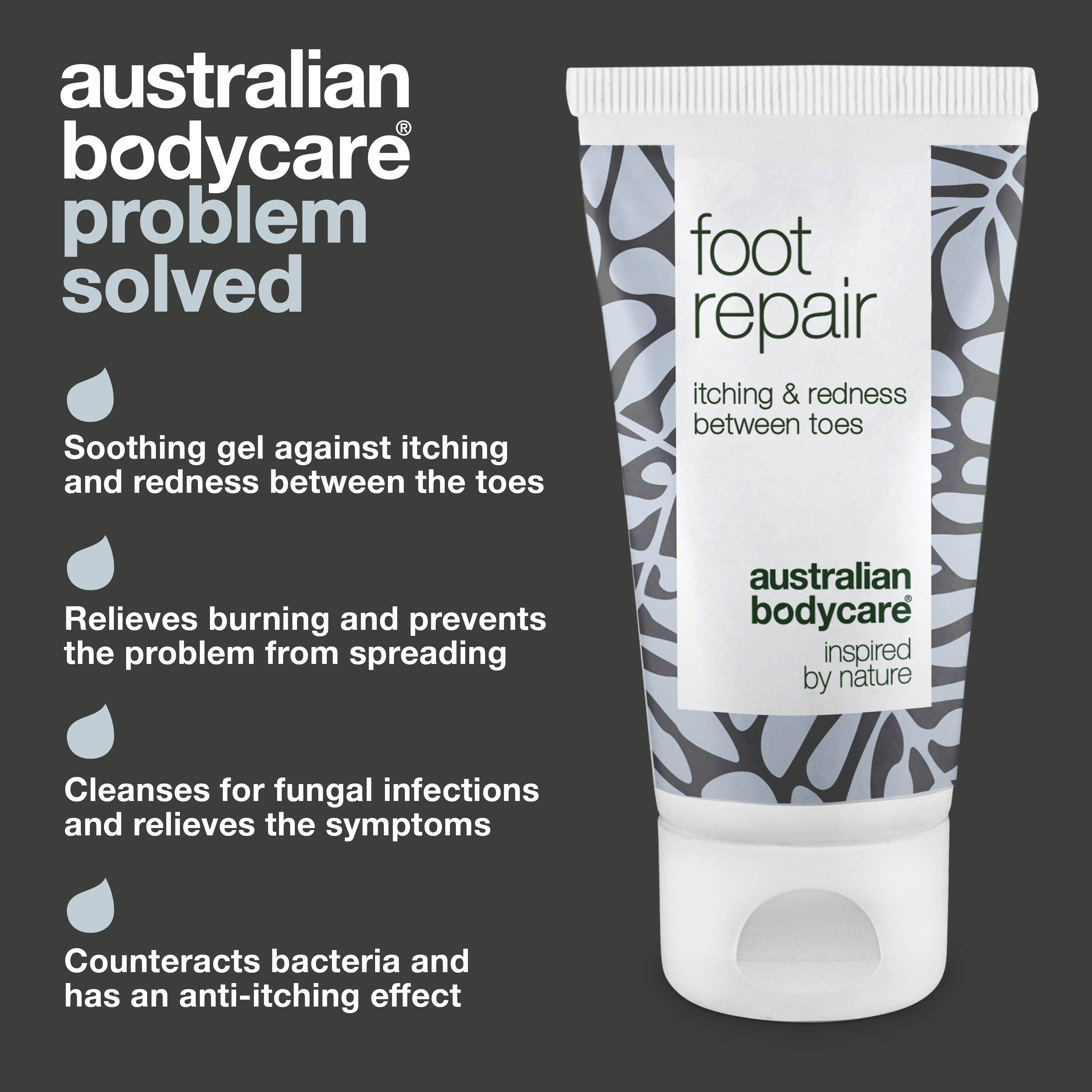 Foot Gel for Red & Itchy Toes  — Get relief from itching, stinging, and redness between your toes with this soothing gel. Contains natural 4-terpineol, known from Tea Tree Oil. Ideal for daily care and relief.