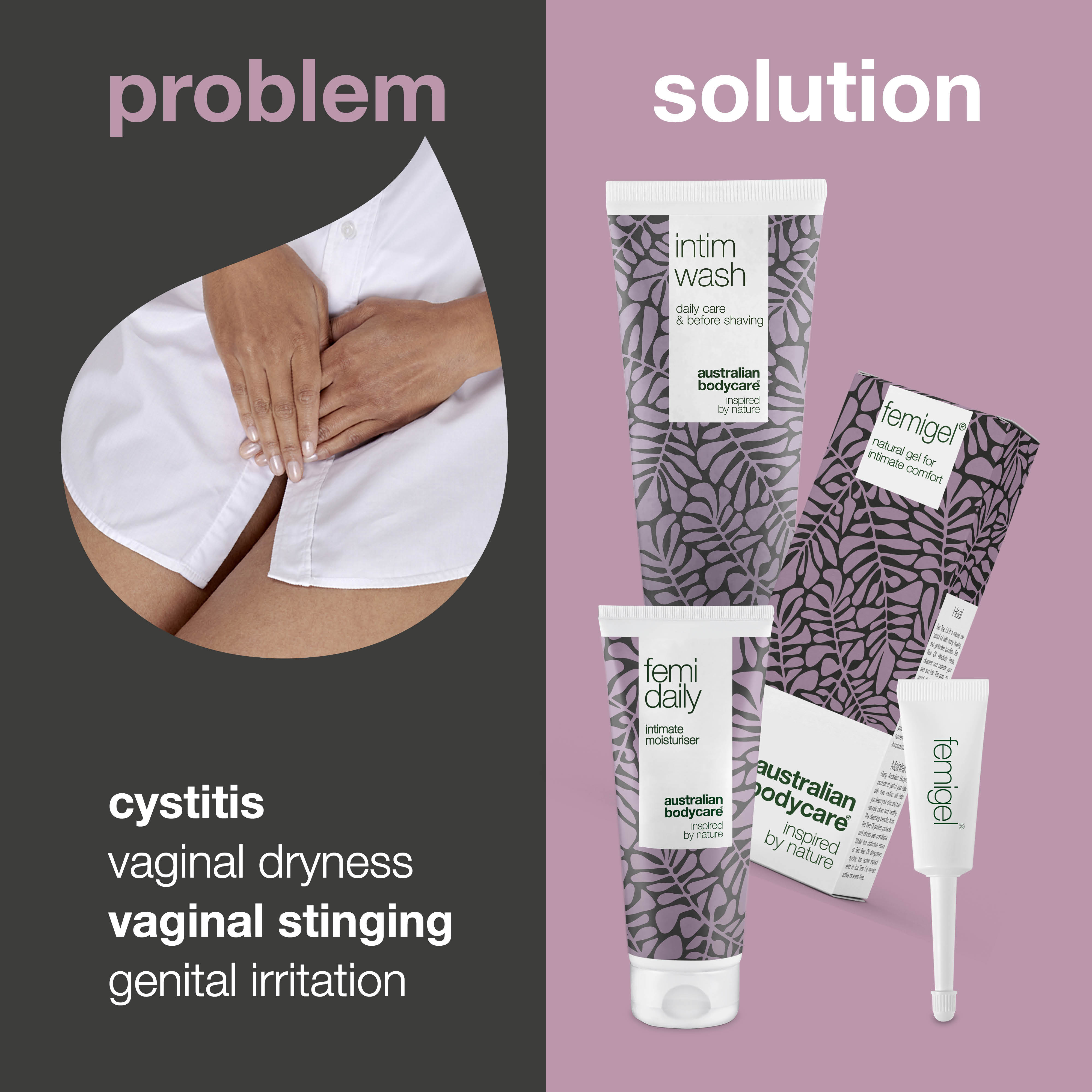 3 product kit for intimate care and hygiene — To prevent vaginal dryness, genital itching, vaginal smell or other intimate discomfort