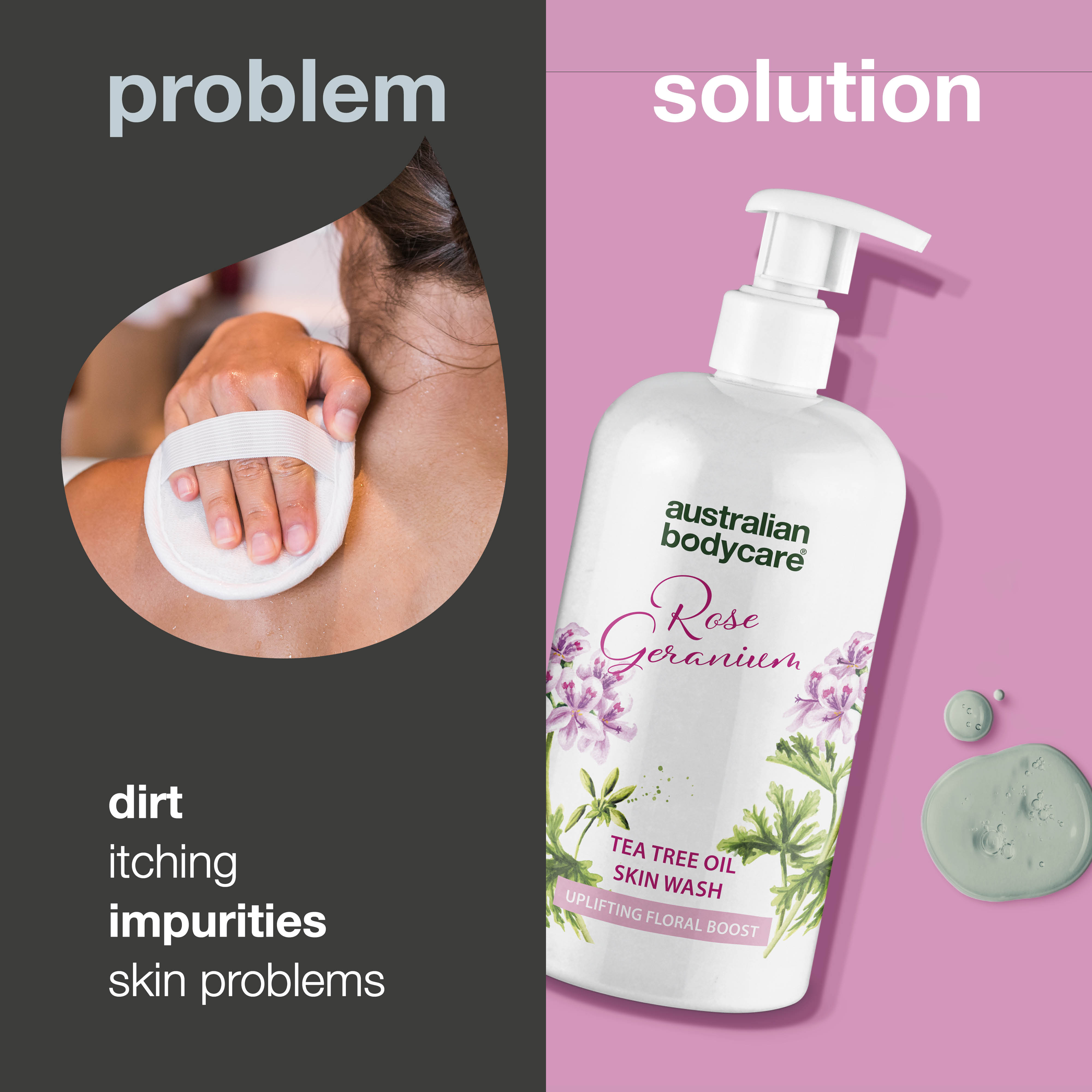 Professional Rose Skin Wash — Deep cleansing shower gel with Tea Tree Oil and Rose Geranium