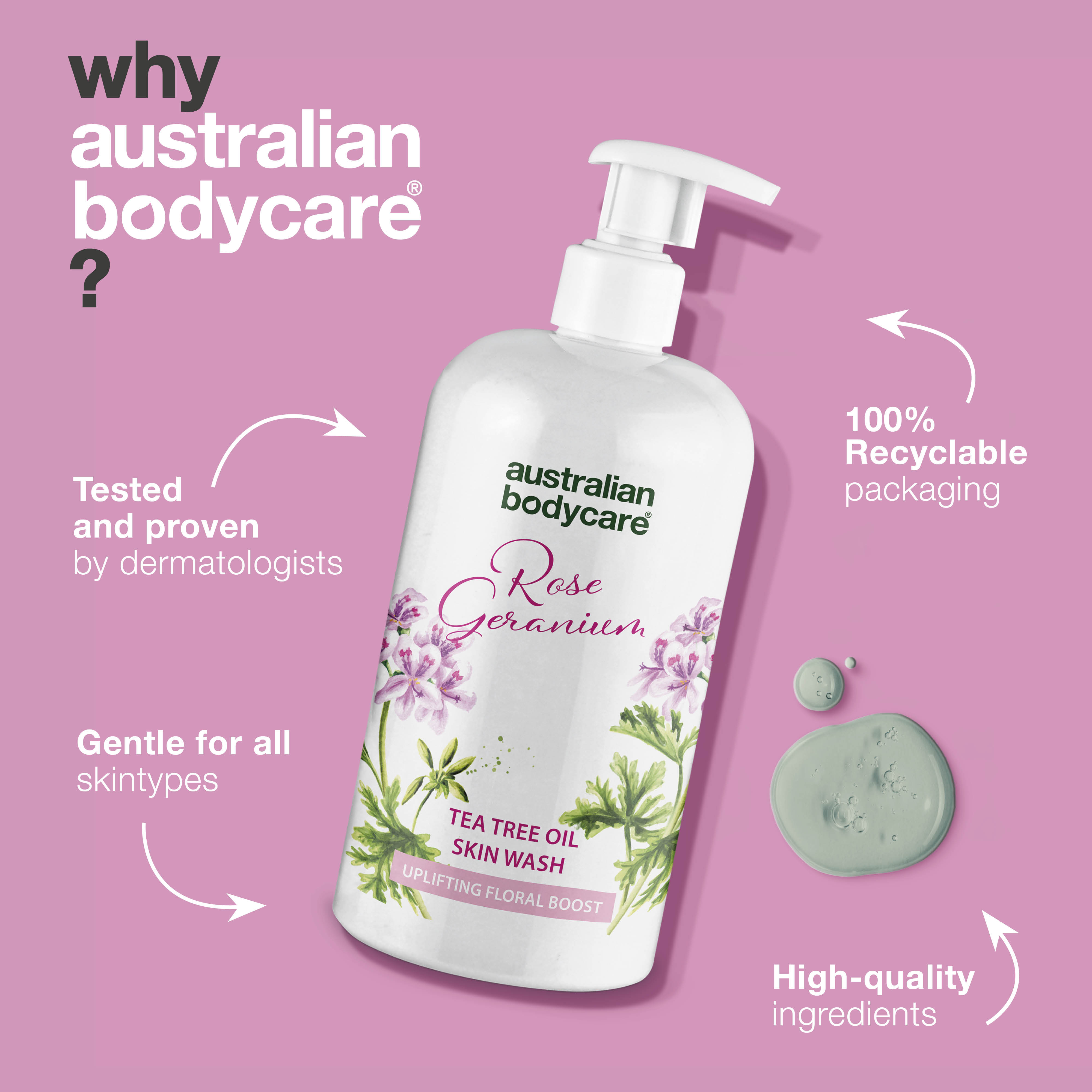 Professional Rose Skin Wash — Deep cleansing shower gel with Tea Tree Oil and Rose Geranium