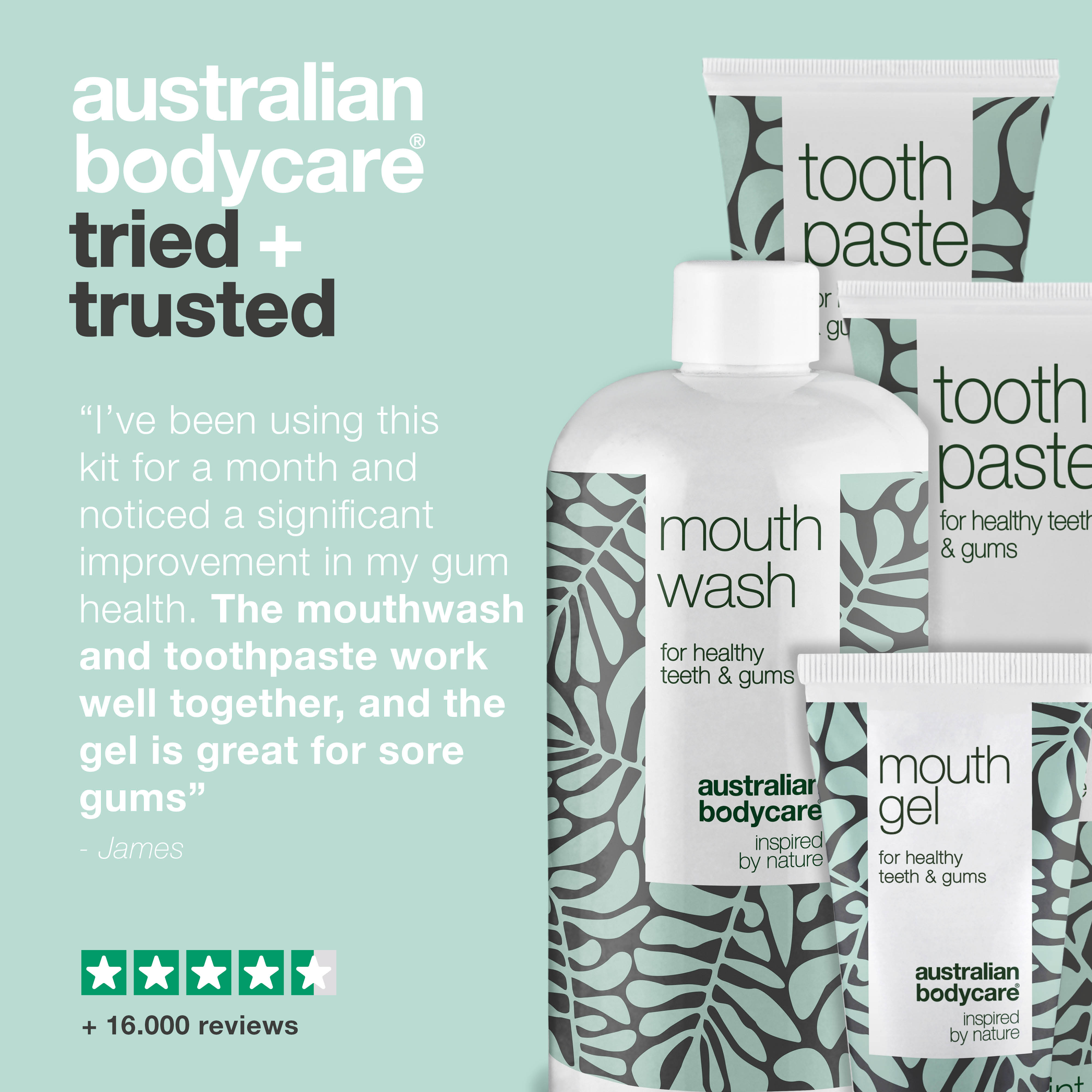 Mouth care kit with 4 products with Tea Tree Oil — For daily care of oral thrush, periodontal disease and gingivitis