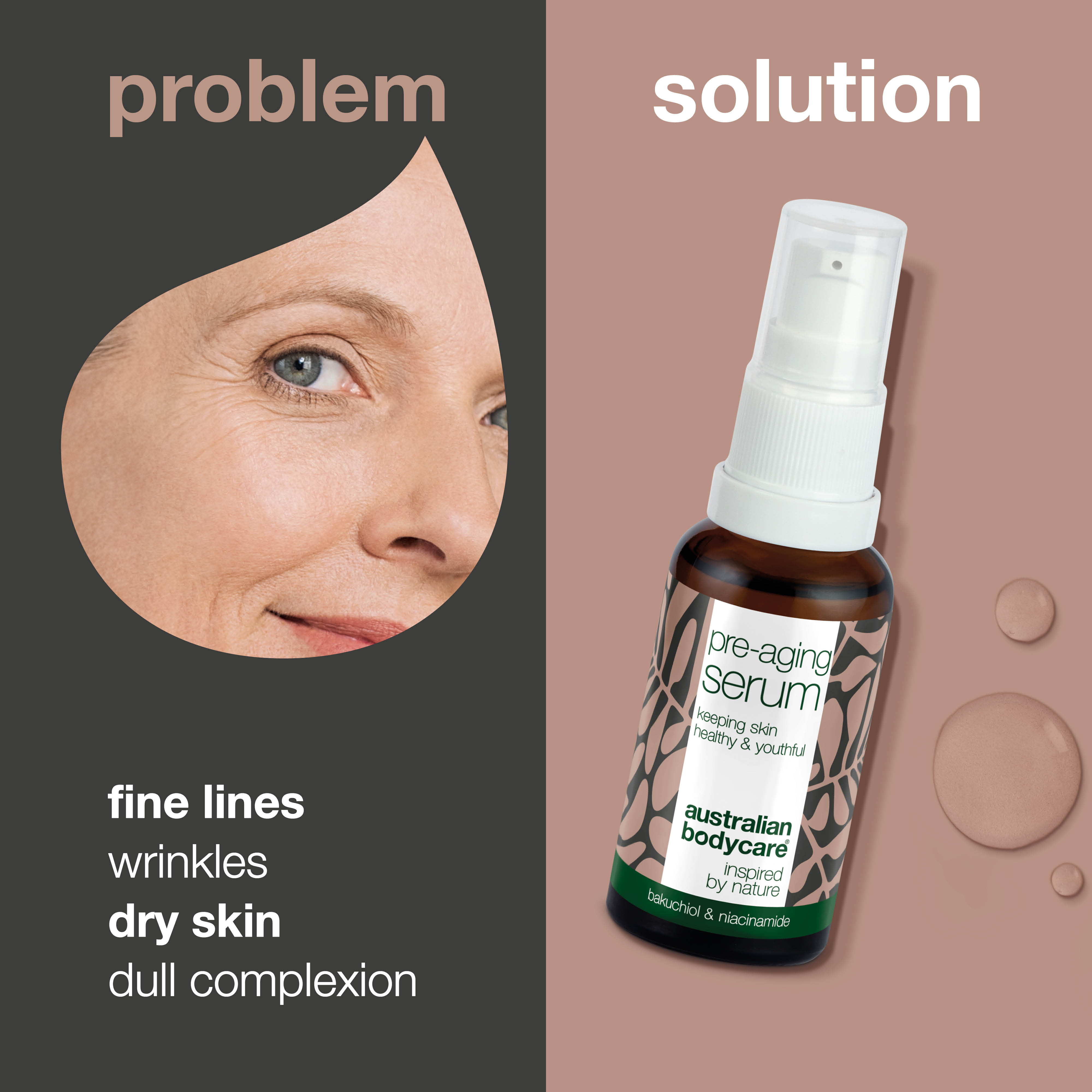 Pre–aging face serum to prevent fine lines and wrinkles — Face serum with hyaluronic acid, peptides and caffeine to prevent signs of aging