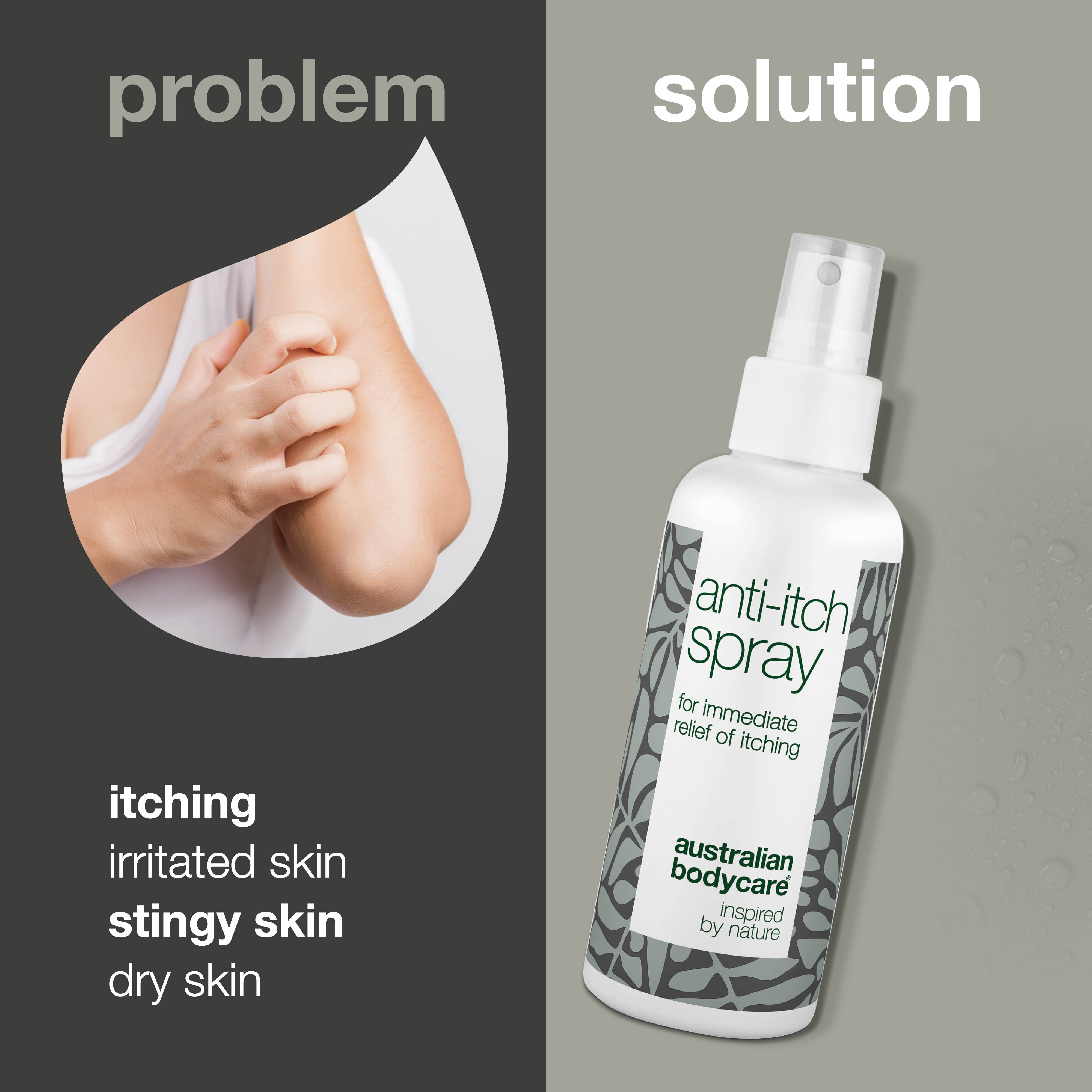 Spray for Itchy Skin - Soothing and Cooling Relief — Suffering from itchy, irritated skin? Our soothing spray provides quick relief with natural ingredients, calming and cooling your skin instantly. Dermatologically tested & 100% vegan.