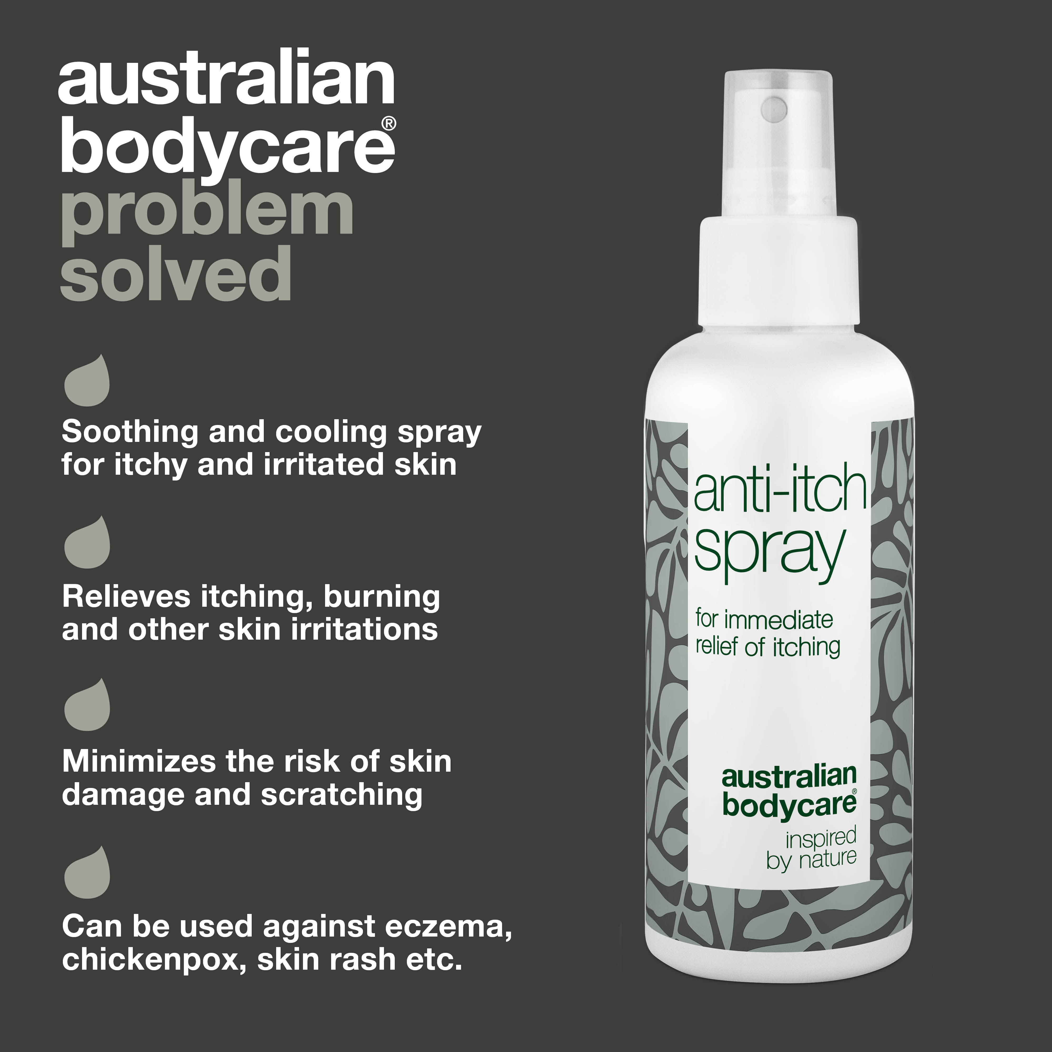 Spray for Itchy Skin - Soothing and Cooling Relief — Suffering from itchy, irritated skin? Our soothing spray provides quick relief with natural ingredients, calming and cooling your skin instantly. Dermatologically tested & 100% vegan.