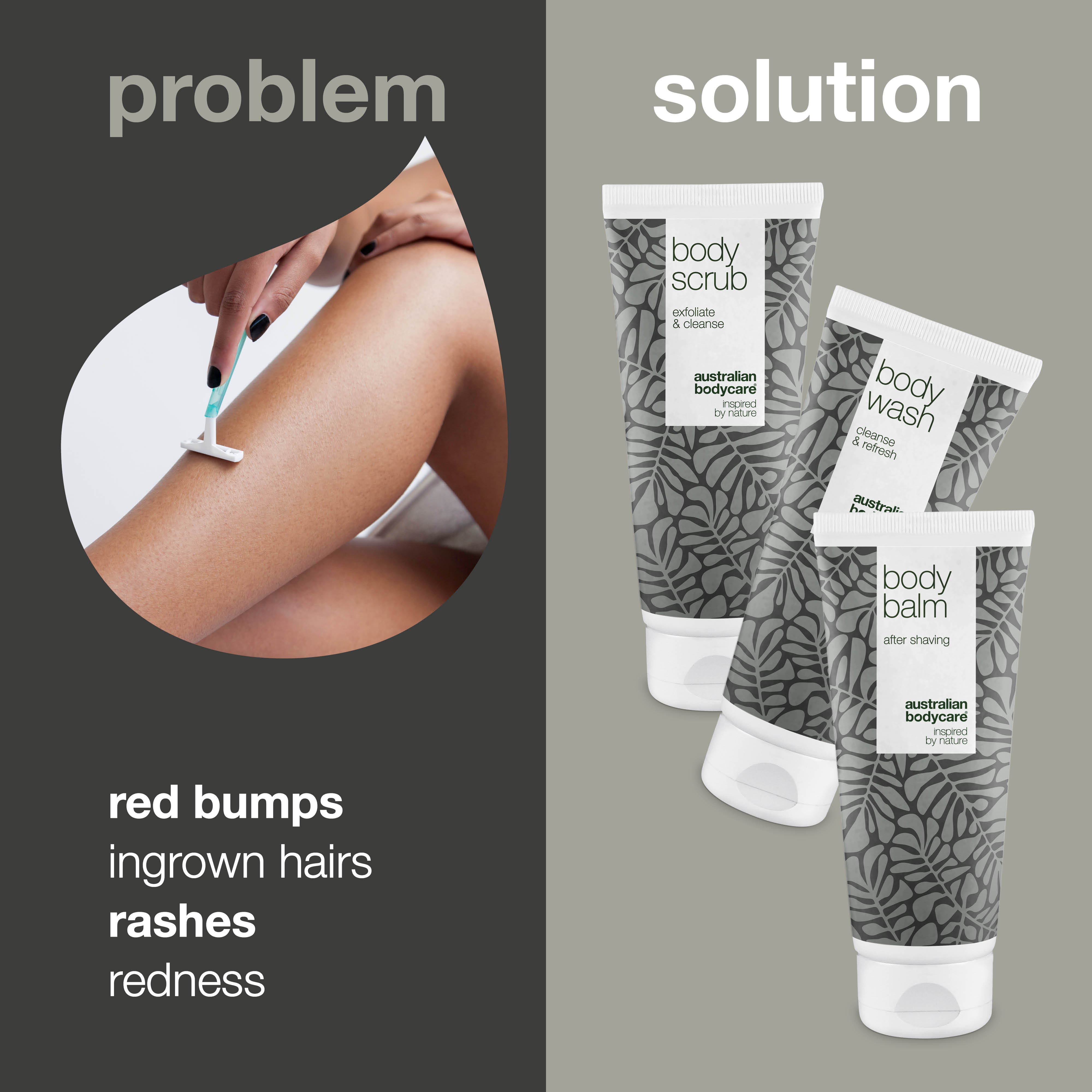 Kit for leg shaving — 3 products preventing red bumps caused by shaving and hair removal