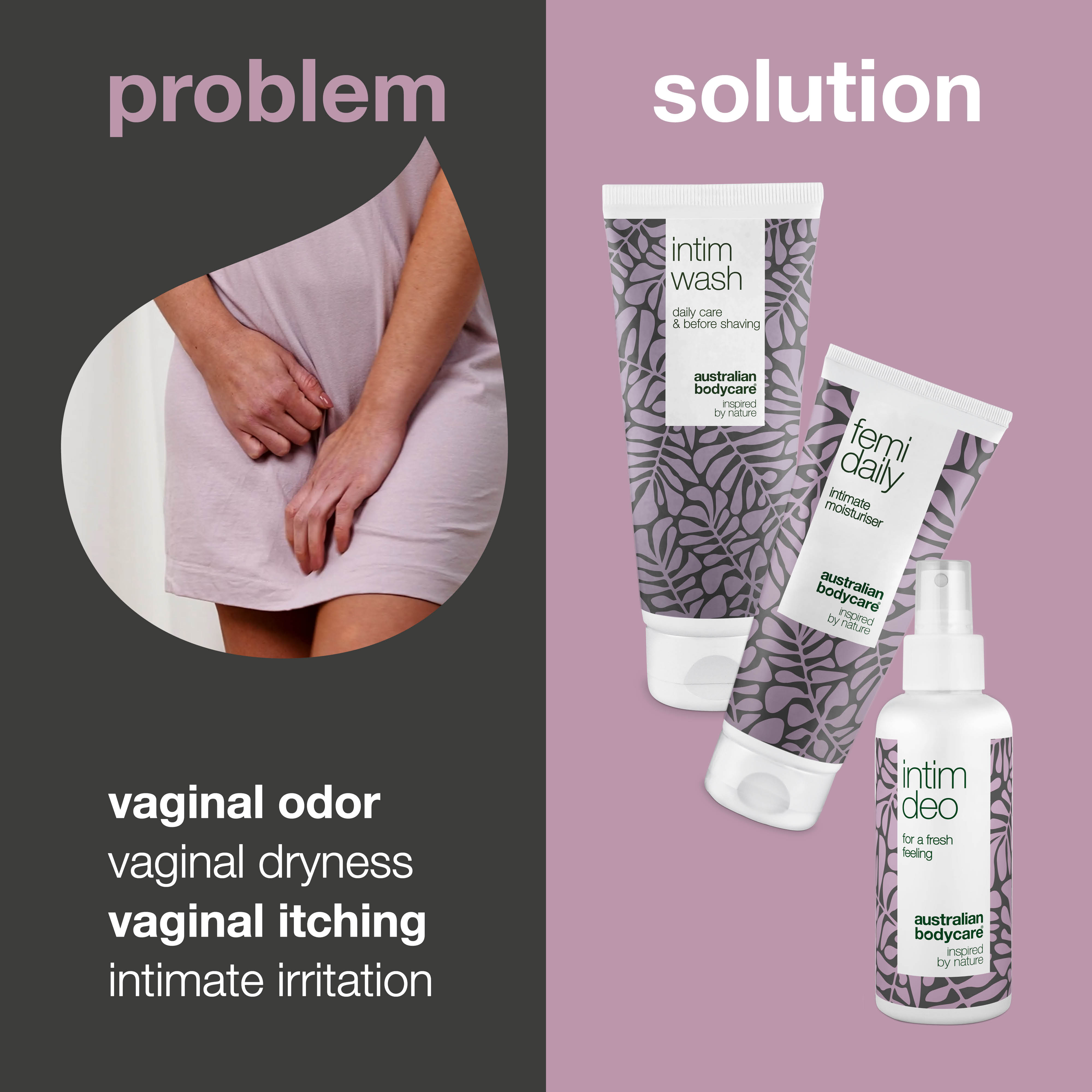 Intimate care kit against vaginal odor — 3 intimate products for unwanted odor and intimate irritation