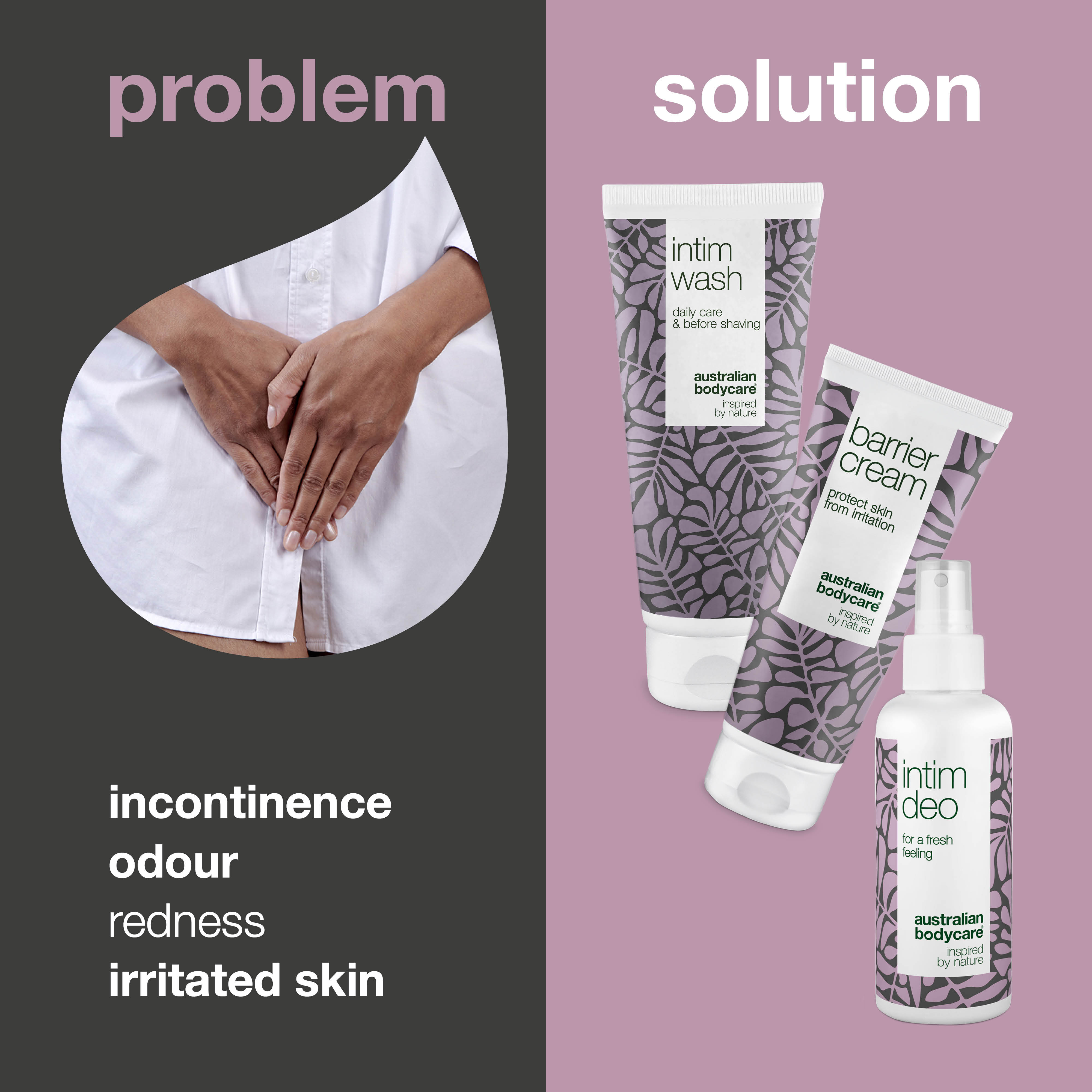 Kit for the daily care of incontinence odour — 3 products to minimize intimate odor from urinary incontinence