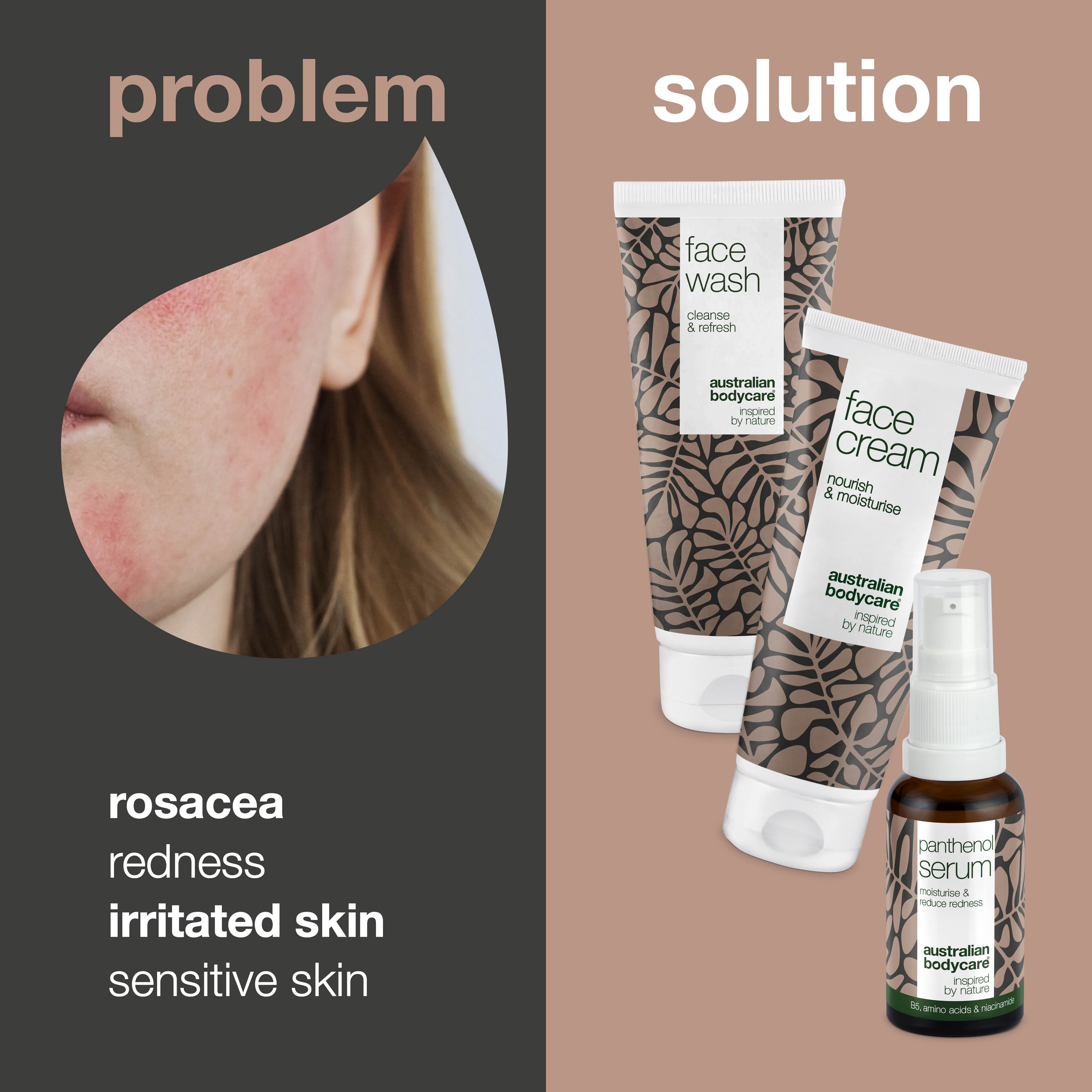 Set for the care of rosacea, redness on face & sensitive skin — 3 soothing skin care products, including: face cleanser, vitamin B5 serum & face cream