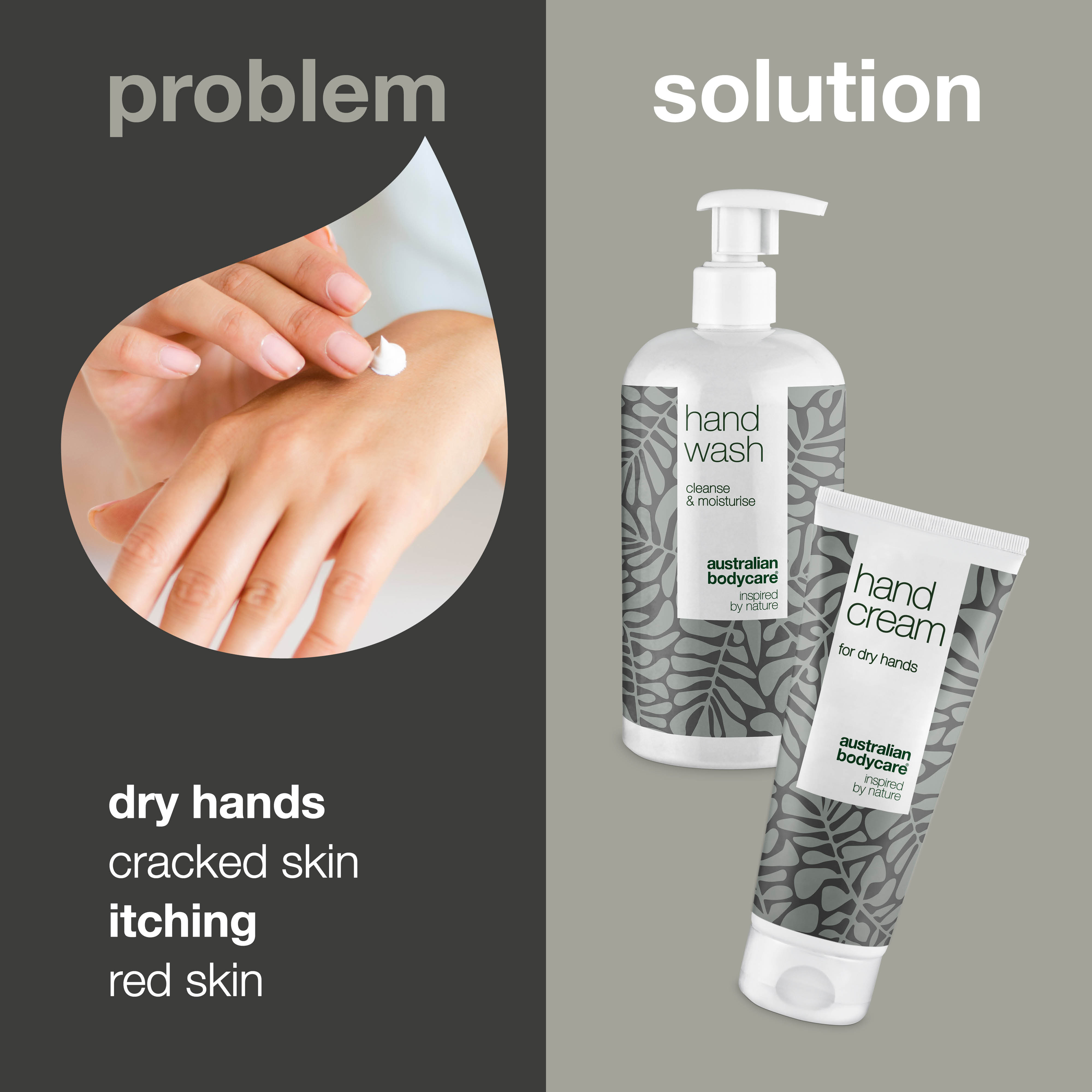 Kit against itchy hands with dry skin, and sore hands — Hand soap and hand cream for chapped, dry hands