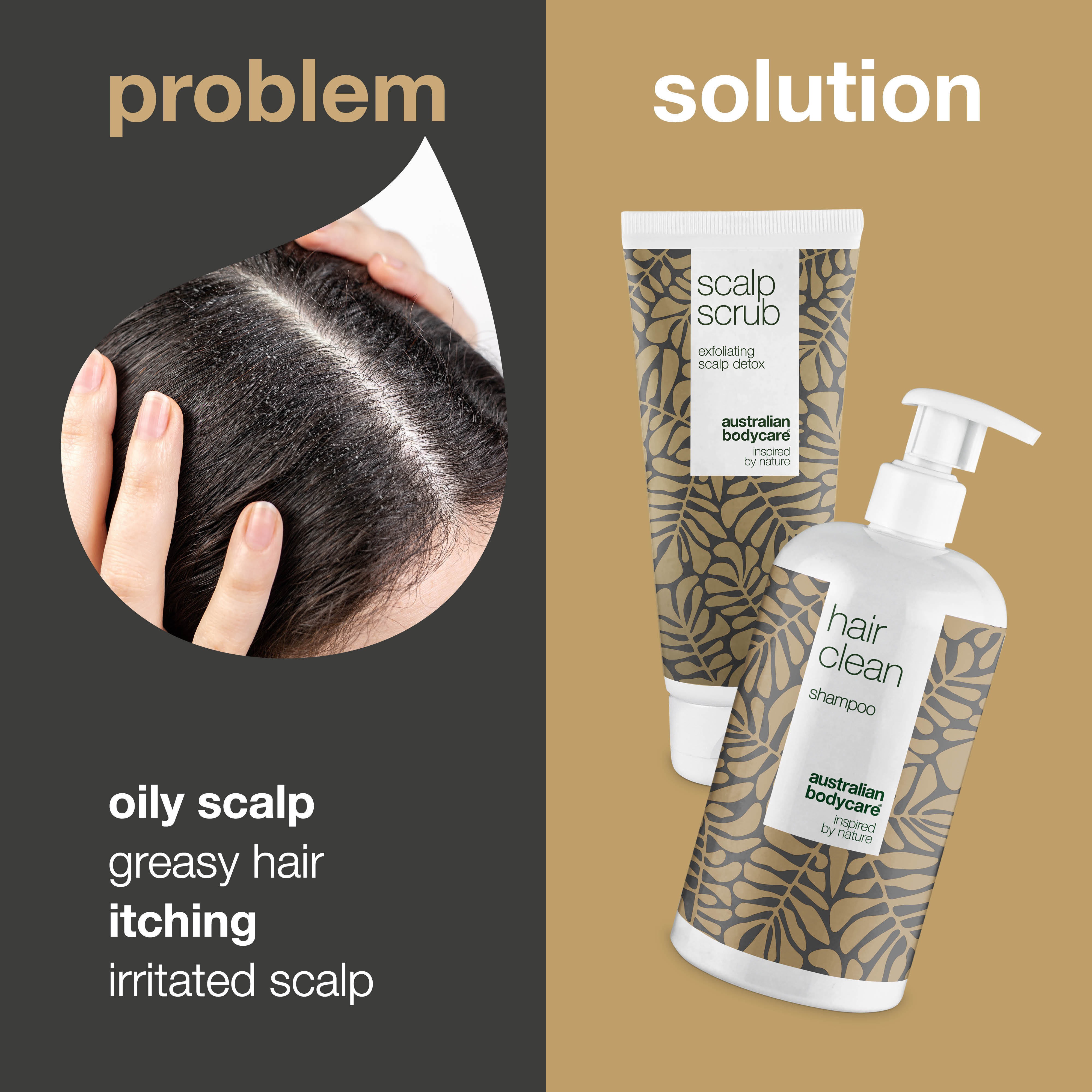 2 products against spots on the scalp — Scalp scrub and Tea Tree Oil shampoo against pimples on the scalp