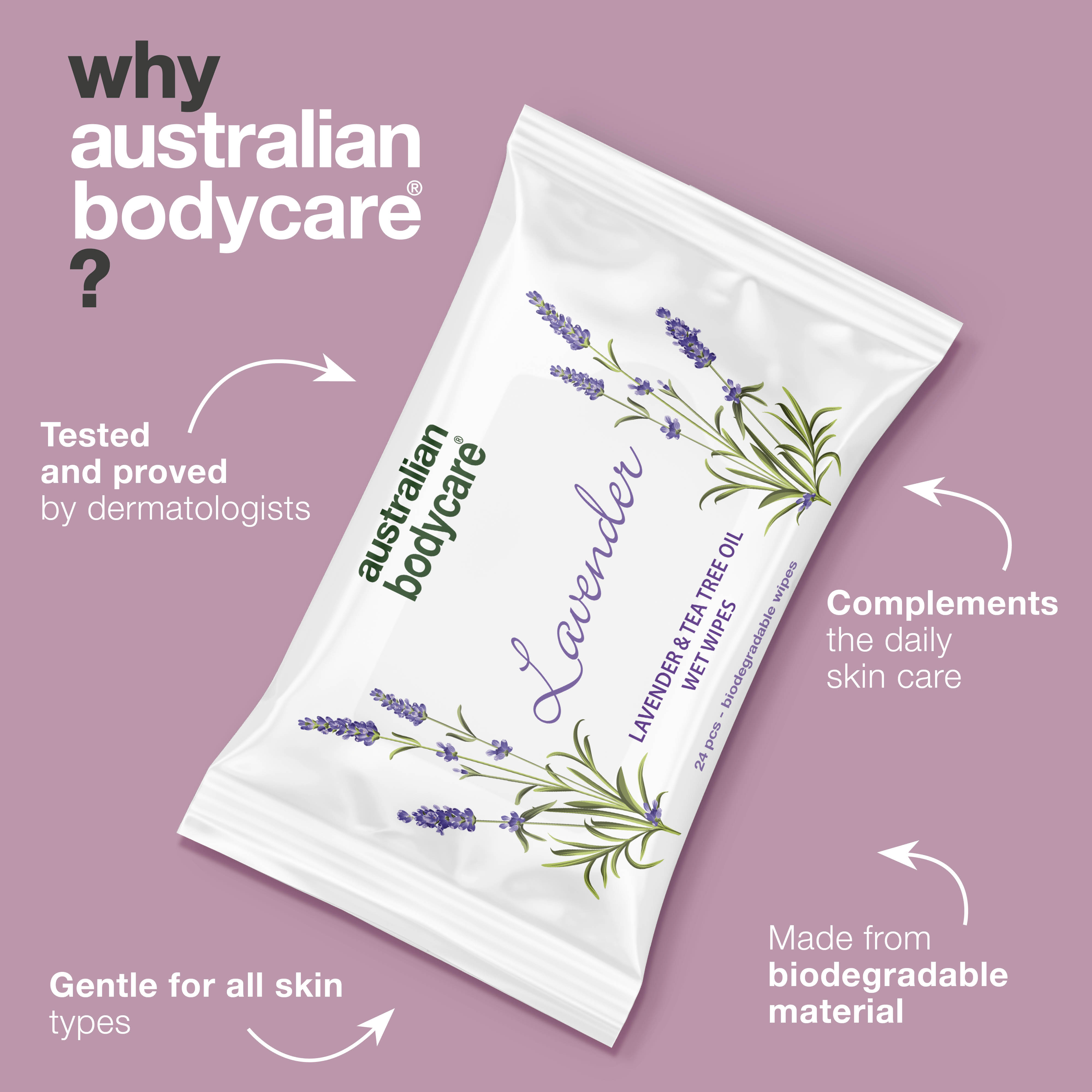 Wet wipes with Lavender & Tea Tree Oil — Biodegradable wipes for cleansing and moisturising the face and body