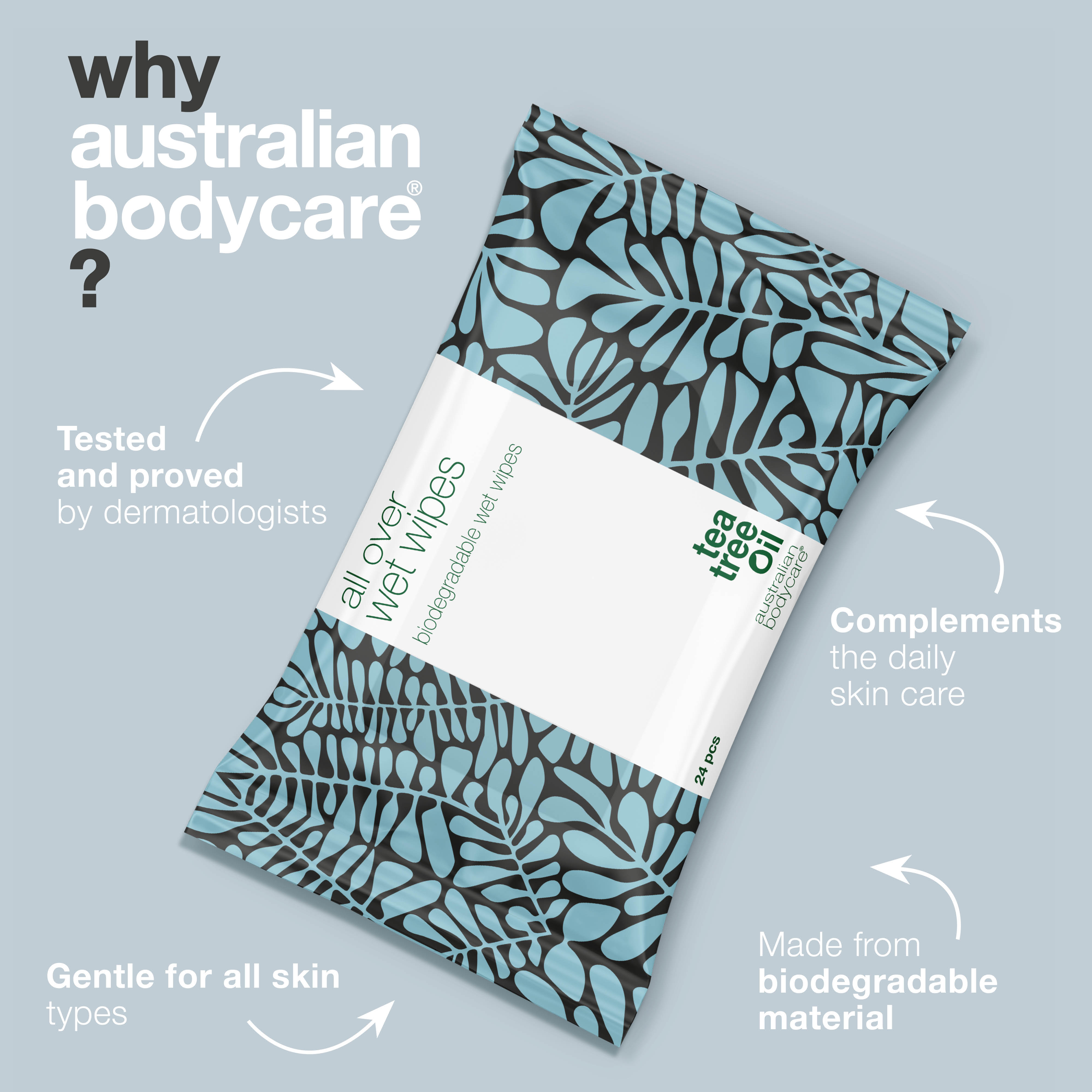 Wet wipes for adults with Tea Tree Oil 24 pcs — Efficiently cleanses the skin on the body