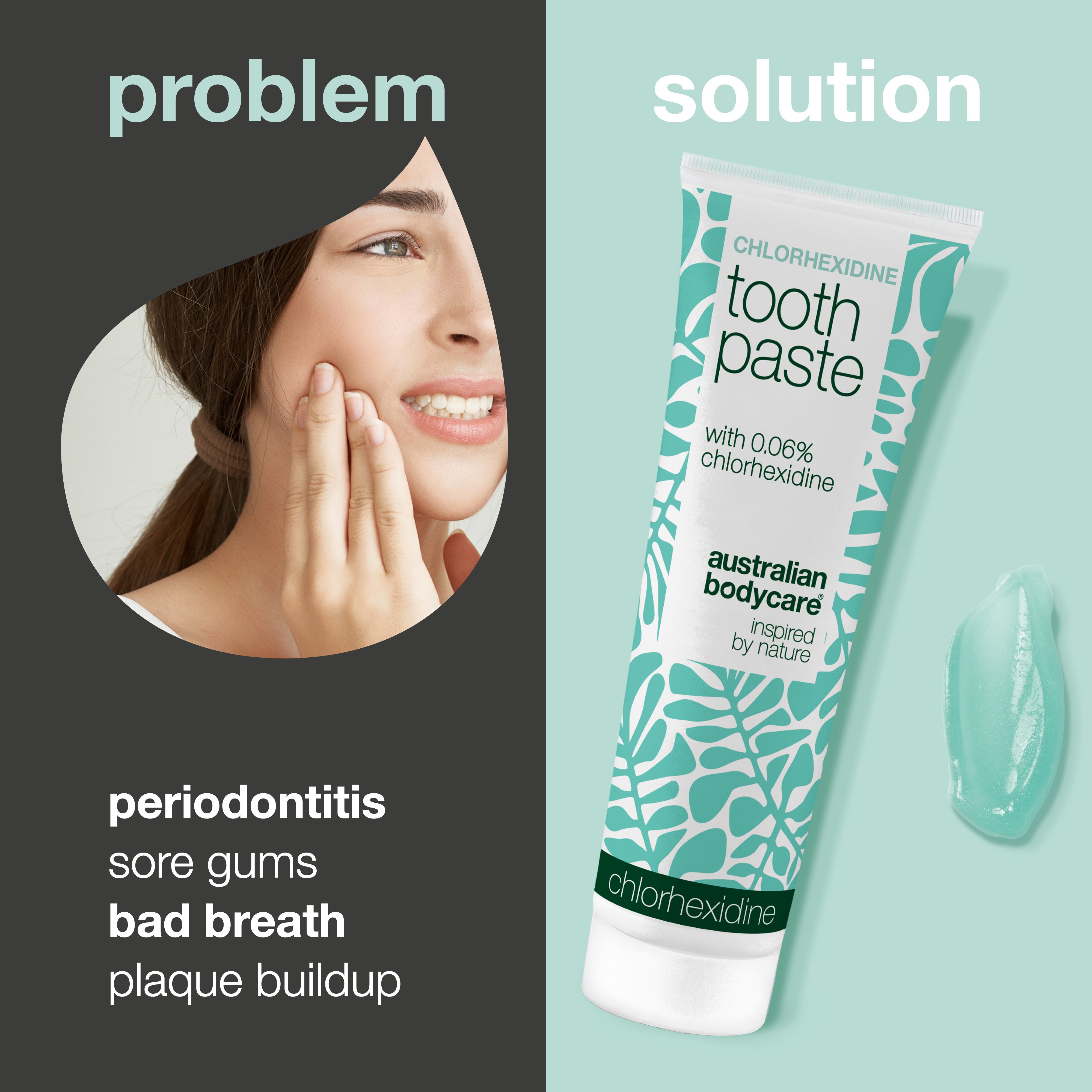 Problem and solution side by side: on the left a woman holding her cheek, labelled gum disease, sore gums, bad breath and plaque. On the right the tube of toothpaste and a blob of gel.