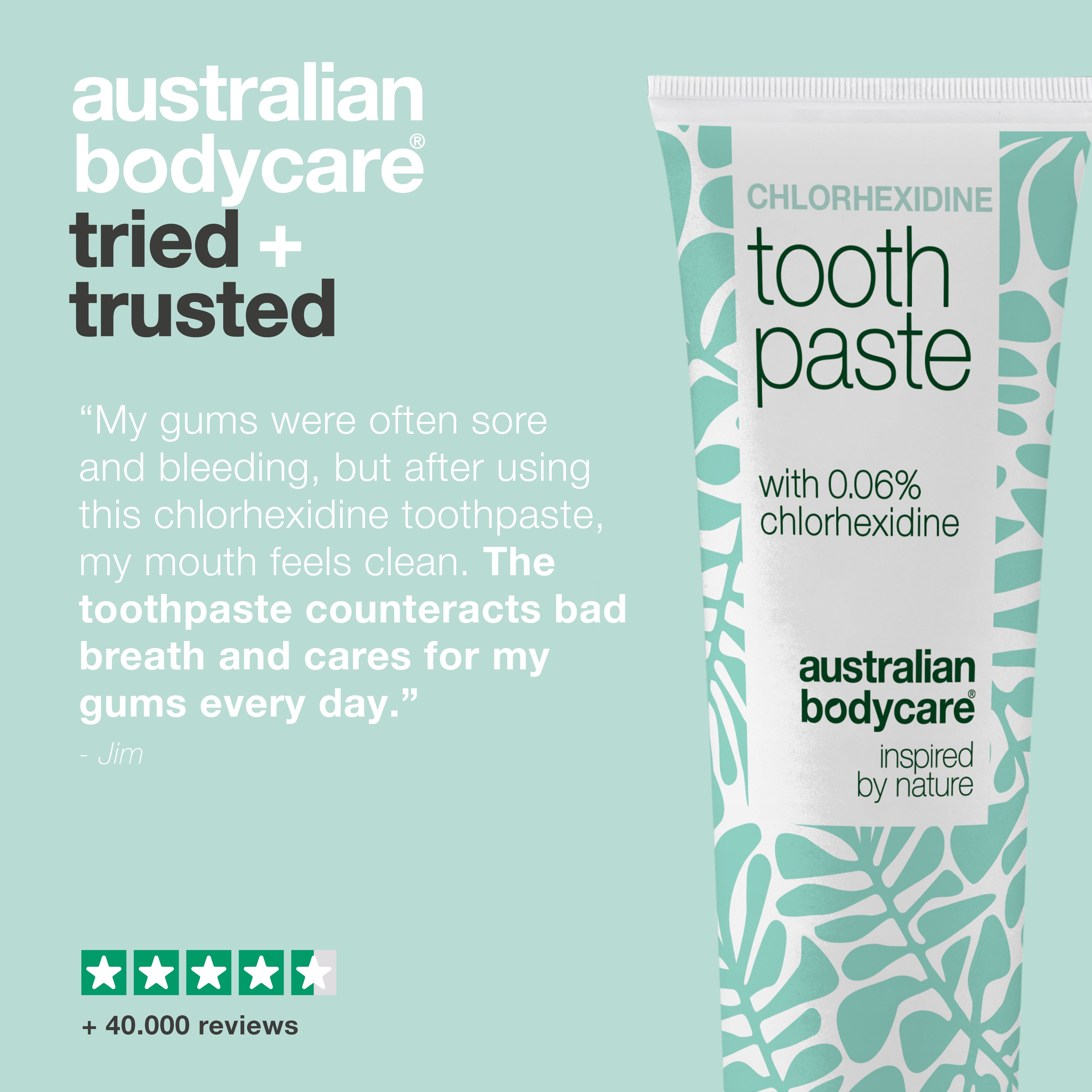 Customer review of Australian Bodycare chlorhexidine toothpaste about sore, bleeding gums that now feel clean, shown with a four-and-a-half-star rating and more than 40,000 reviews.