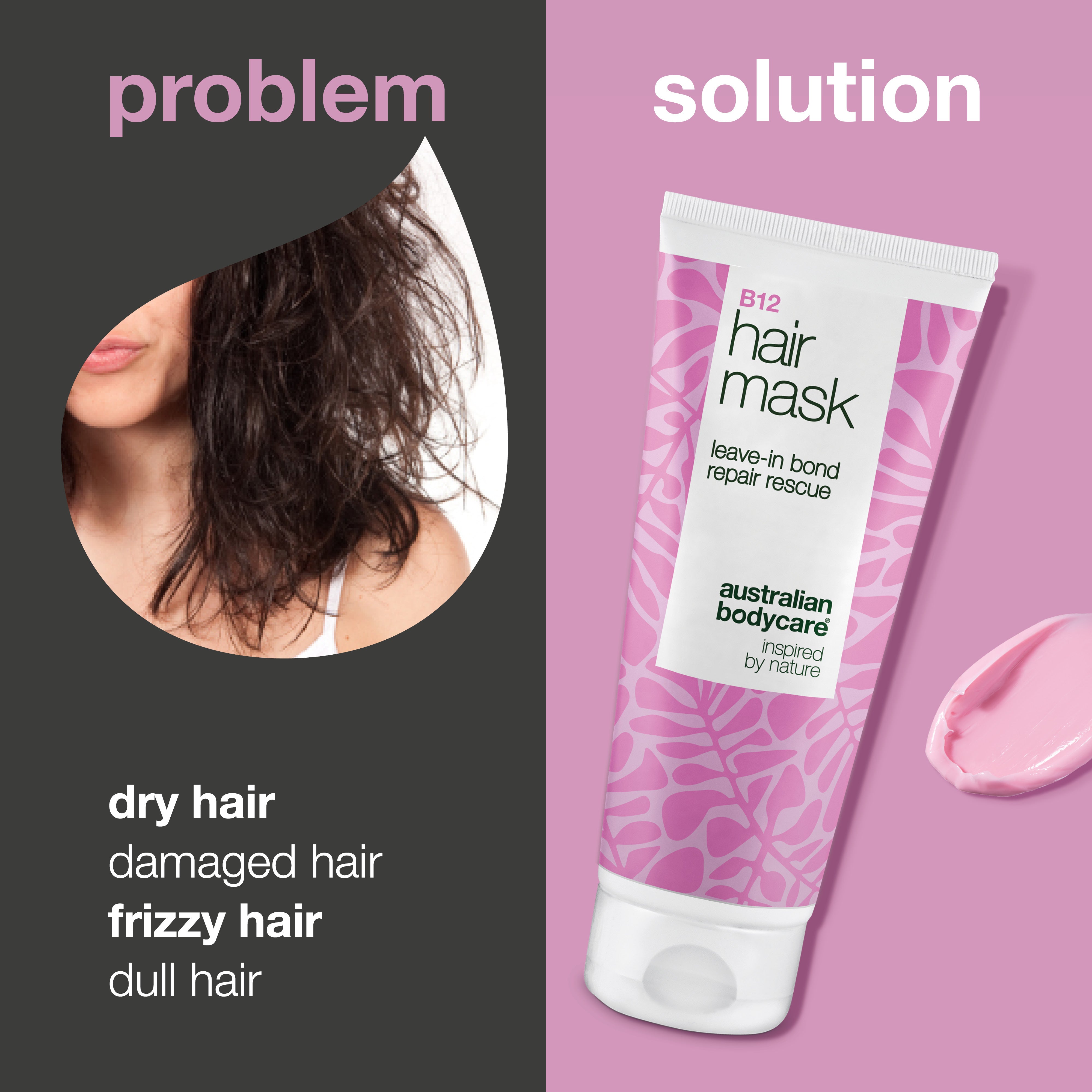 Problem and solution: dry, damaged, frizzy and dull hair next to B12 Hair Mask from Australian Bodycare