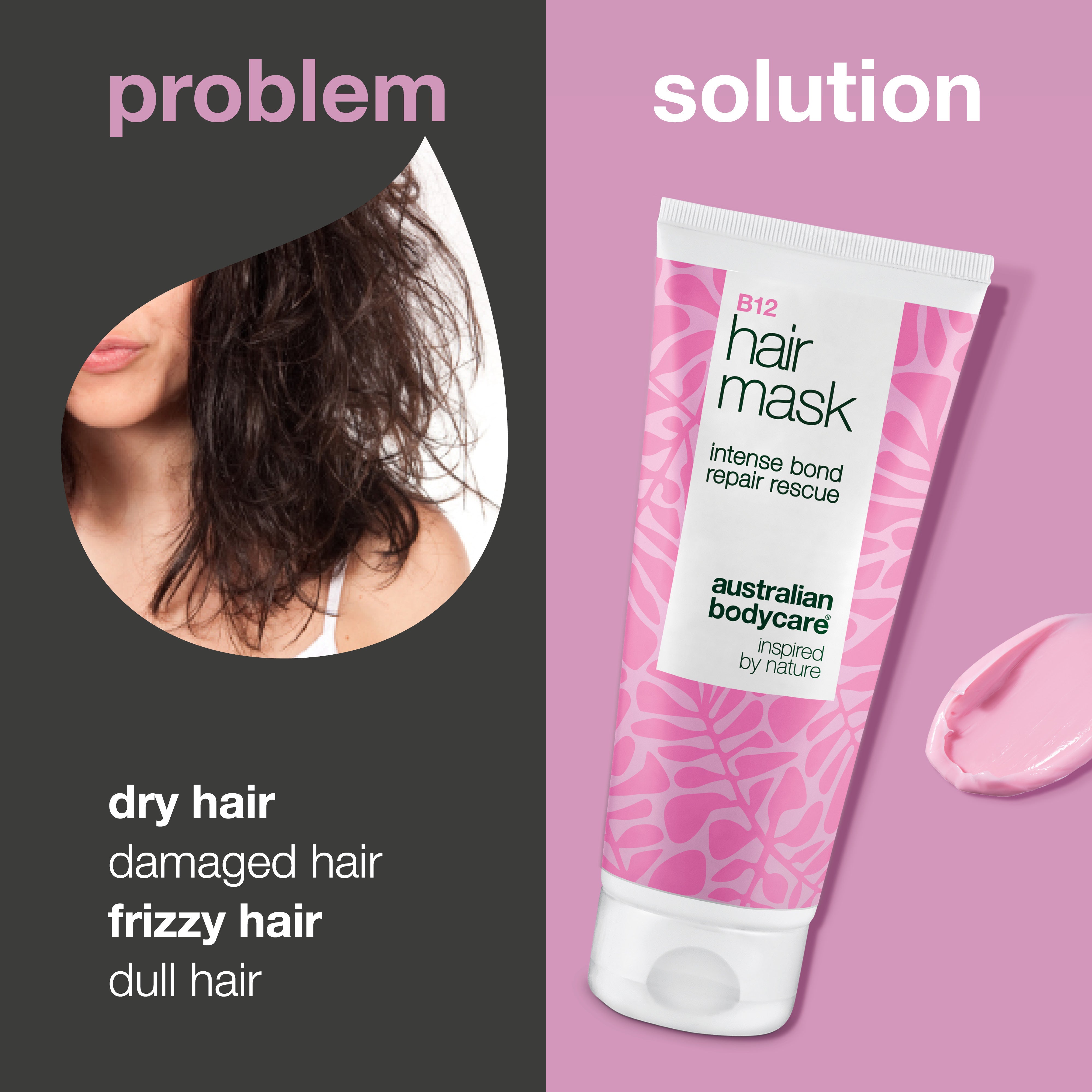 Problem and solution: dry, damaged, frizzy and dull hair next to B12 Hair Mask from Australian Bodycare