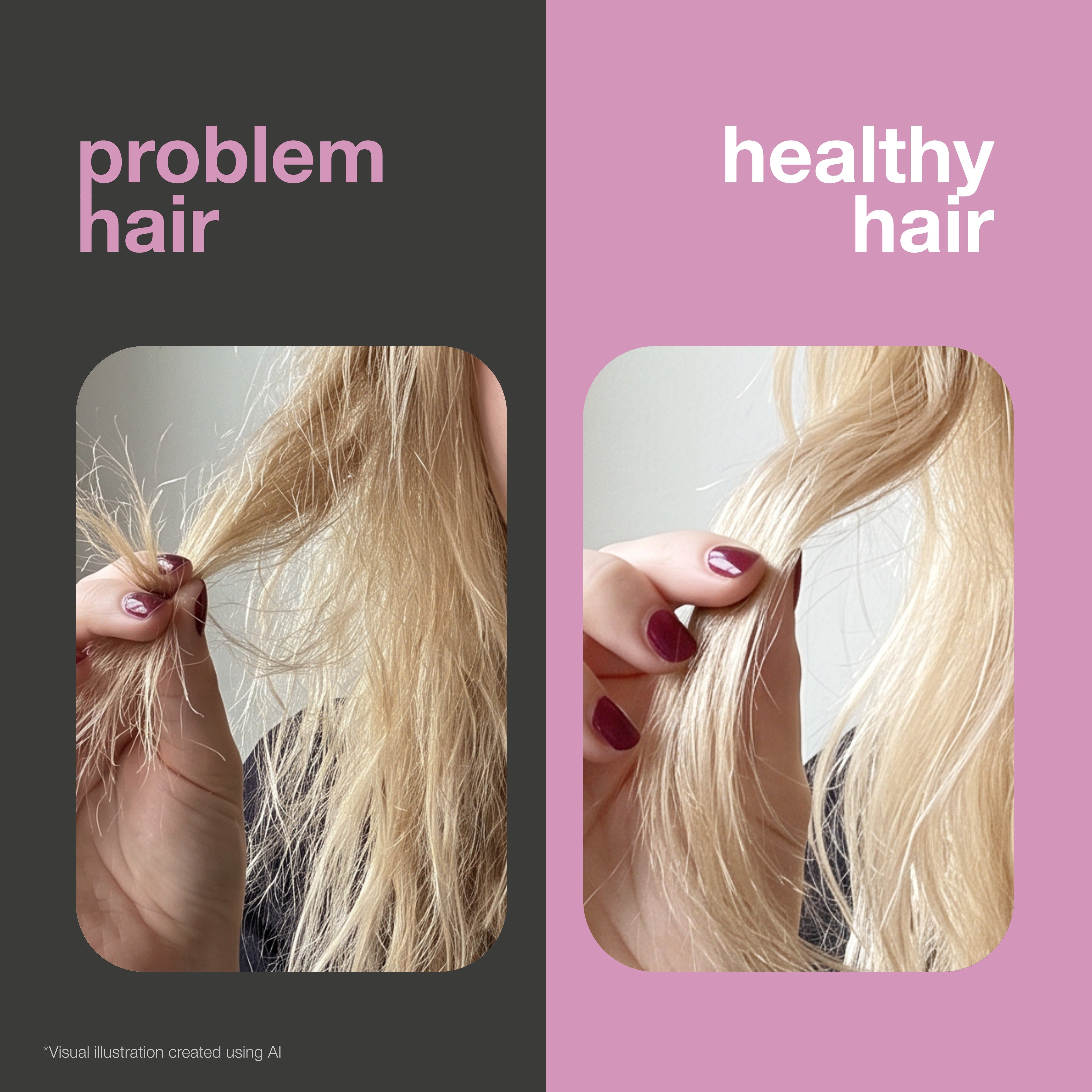 Before and after: dry, damaged and split hair versus soft, shiny hair. Visual illustration.