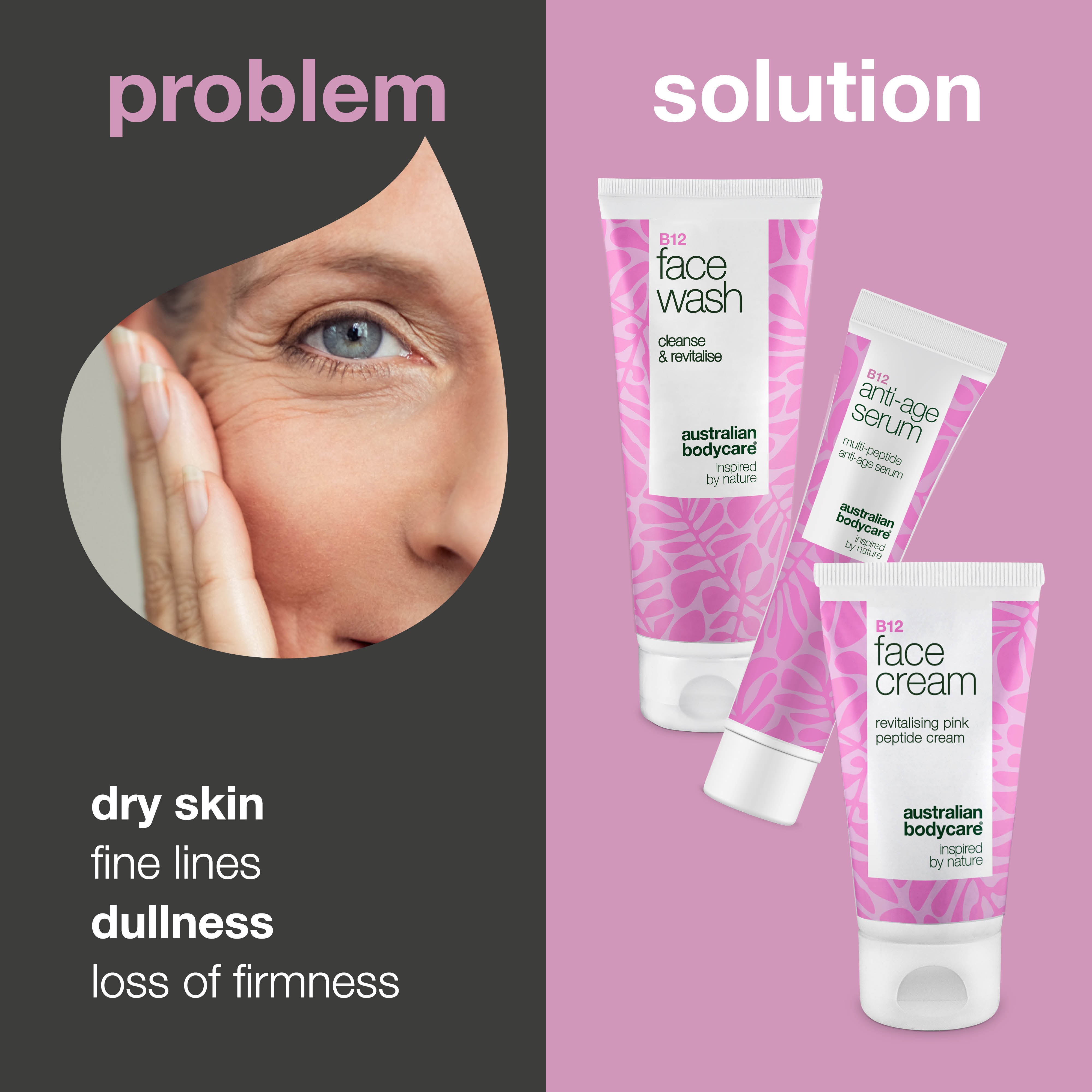 Face Wash, Serum, and Cream with B12 for Mature Skin — Effective skincare for mature skin. B12 wash, serum, and cream for firm, radiant skin.