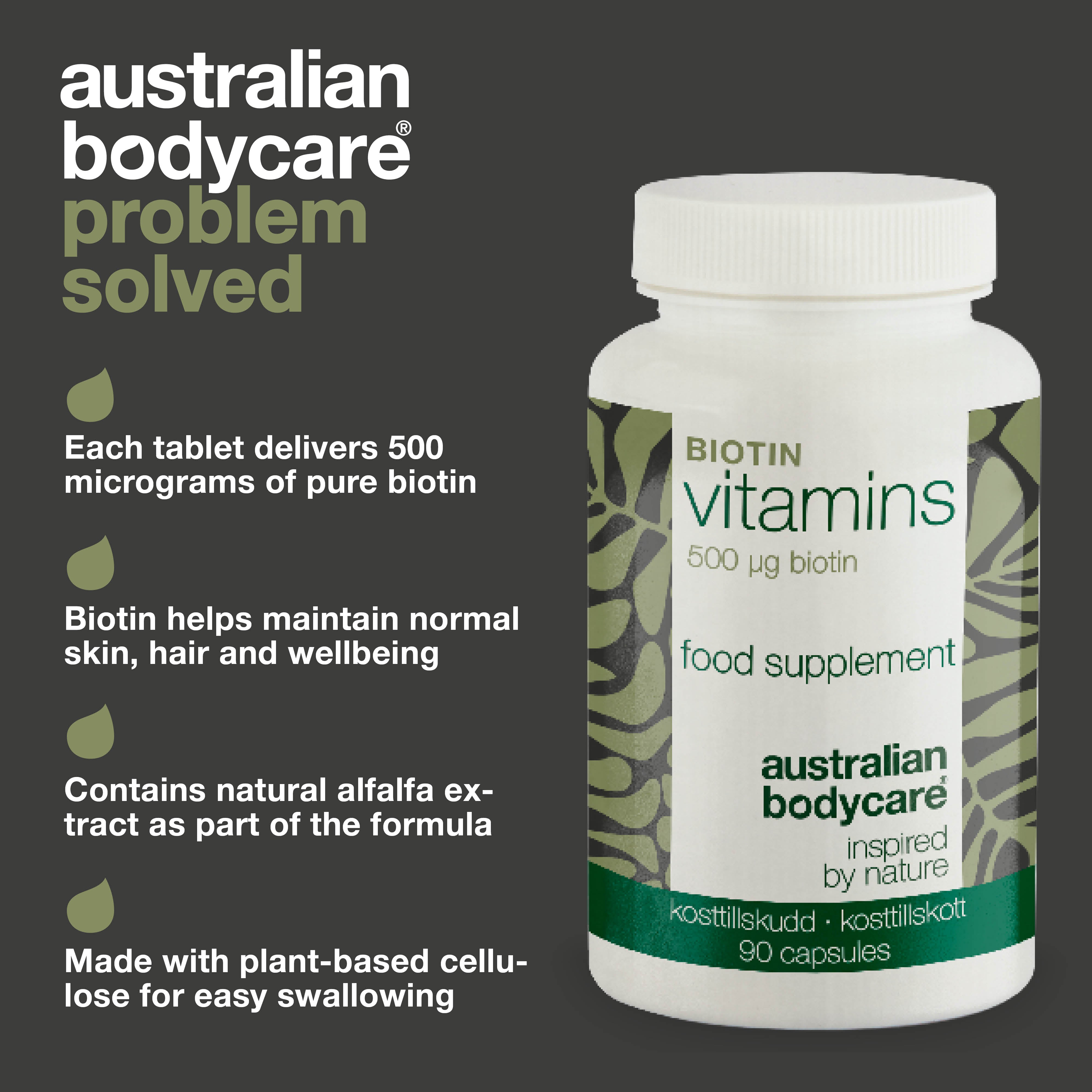 Biotin 500 µg – Daily Vitamin B7 Supplement – 90 Count — Biotin 500 µg with Vitamin B7 – 90 tablets for daily use to help maintain hair, skin, and mucous membranes. Key: biotin, alfalfa, cellulose.